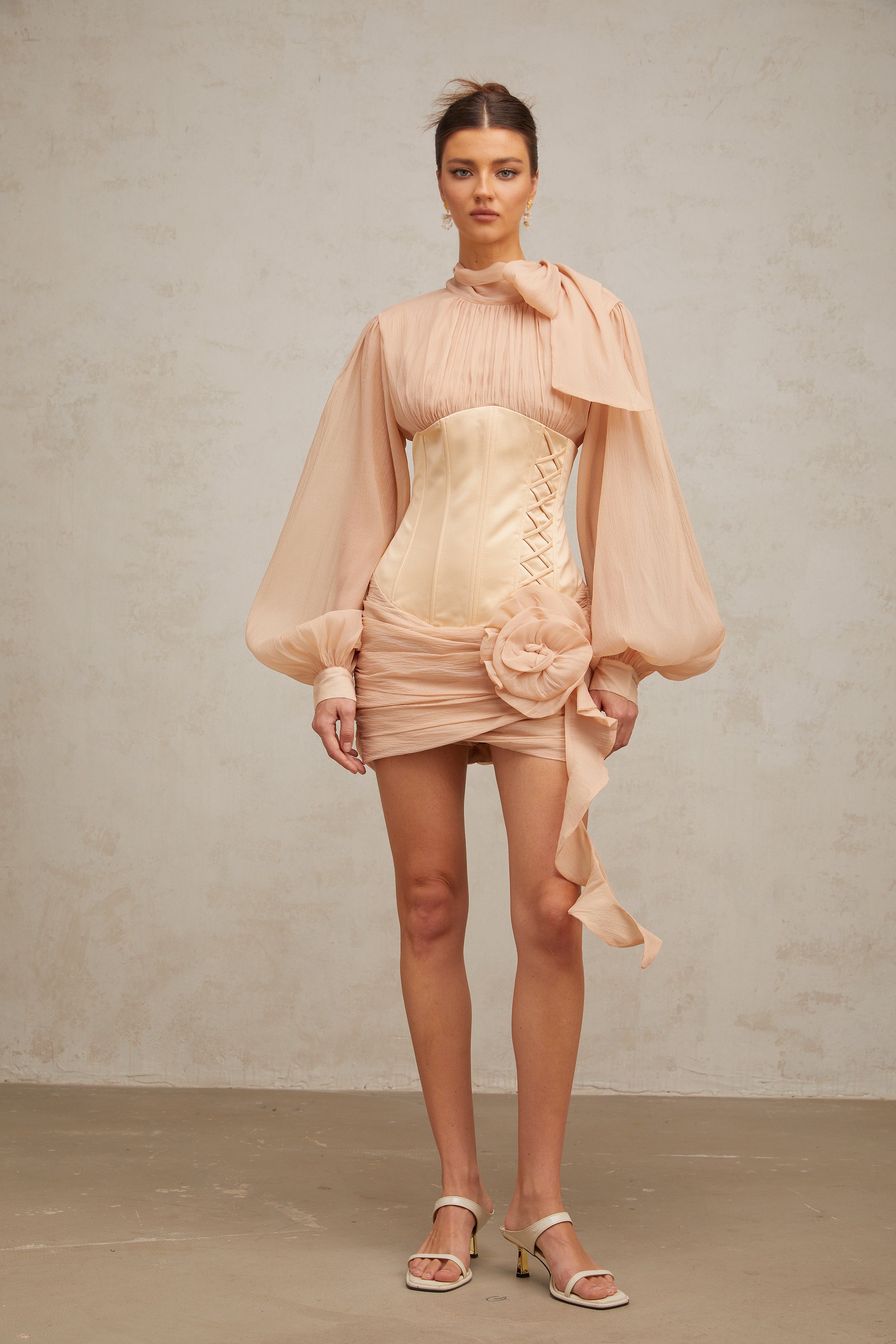 Téa cinched-waist floral-appliqué panelled mini dress