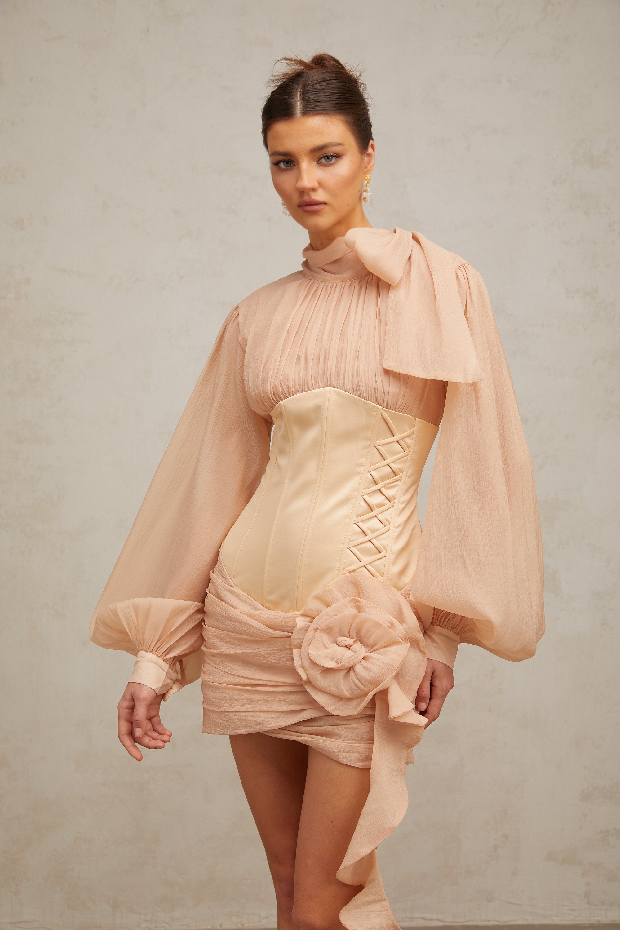 Téa cinched-waist floral-appliqué panelled mini dress (Final Sale)