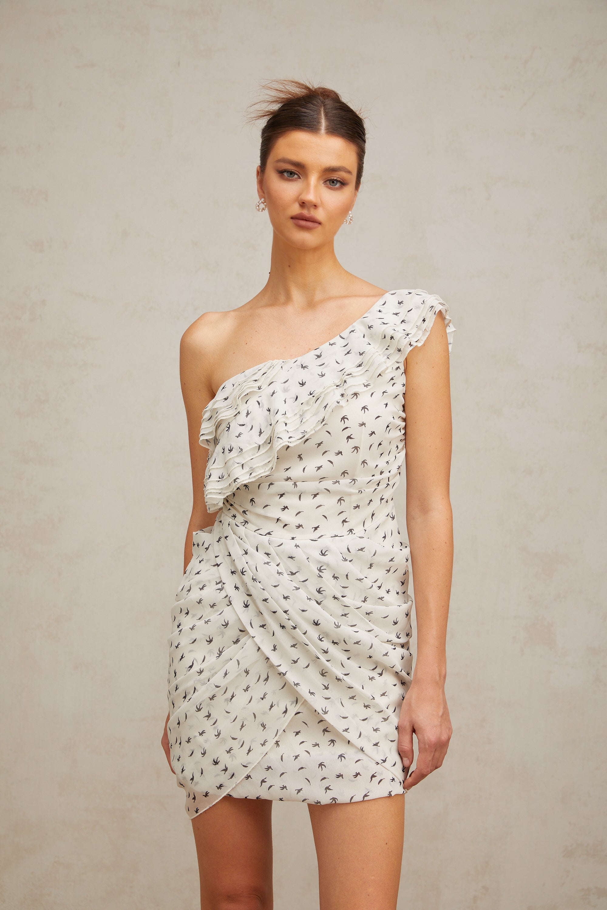 Irina white pattern-print ruffled mini dress