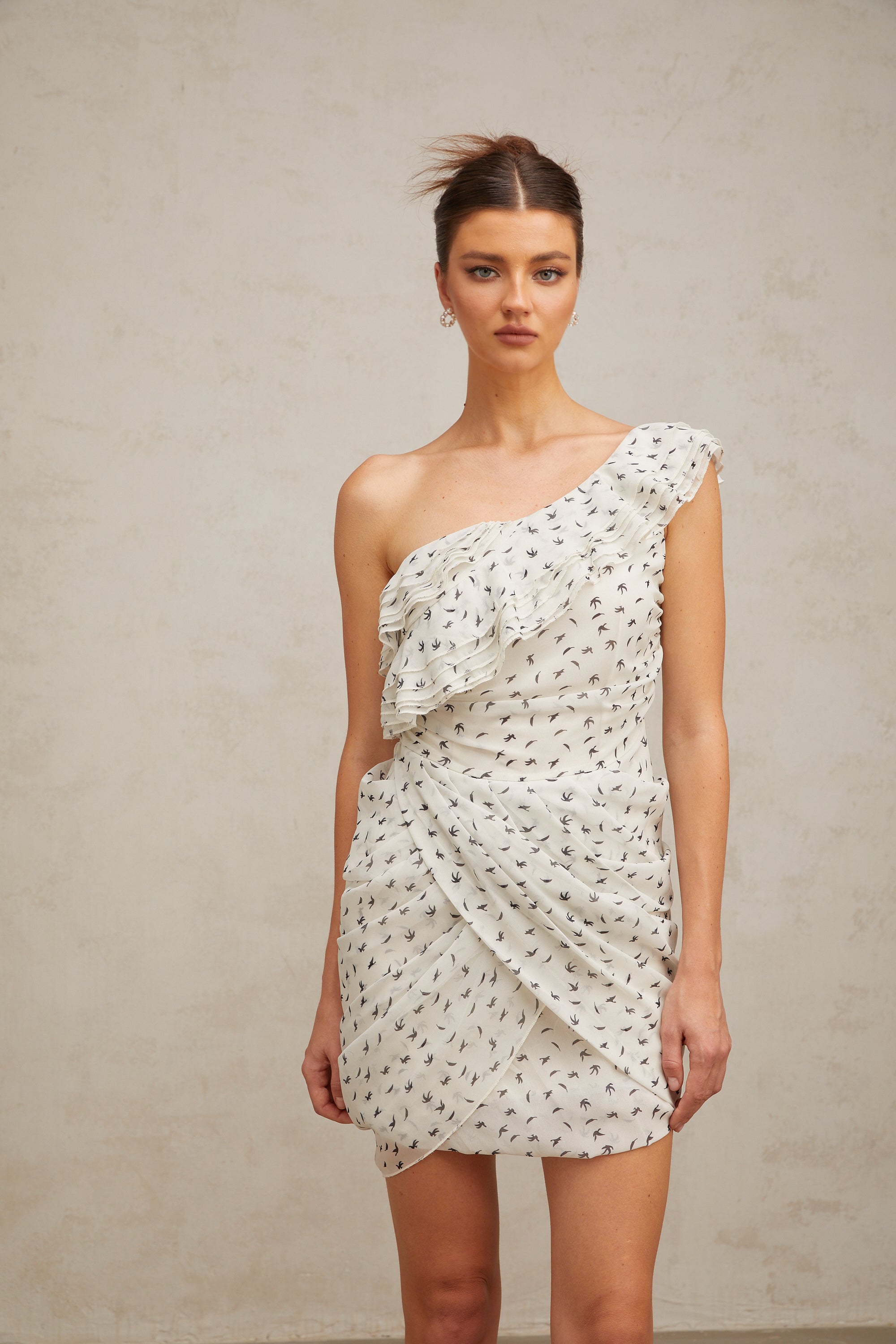 Irina white pattern-print ruffled mini dress