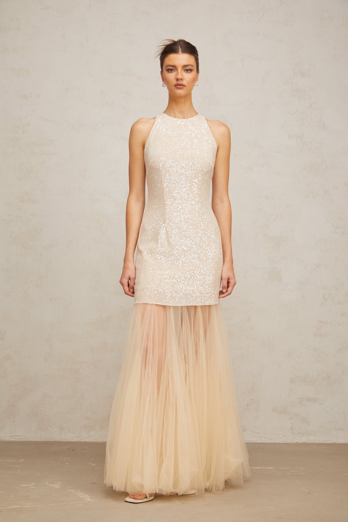 Thaïs champagne sequined tulle-panel maxi dress