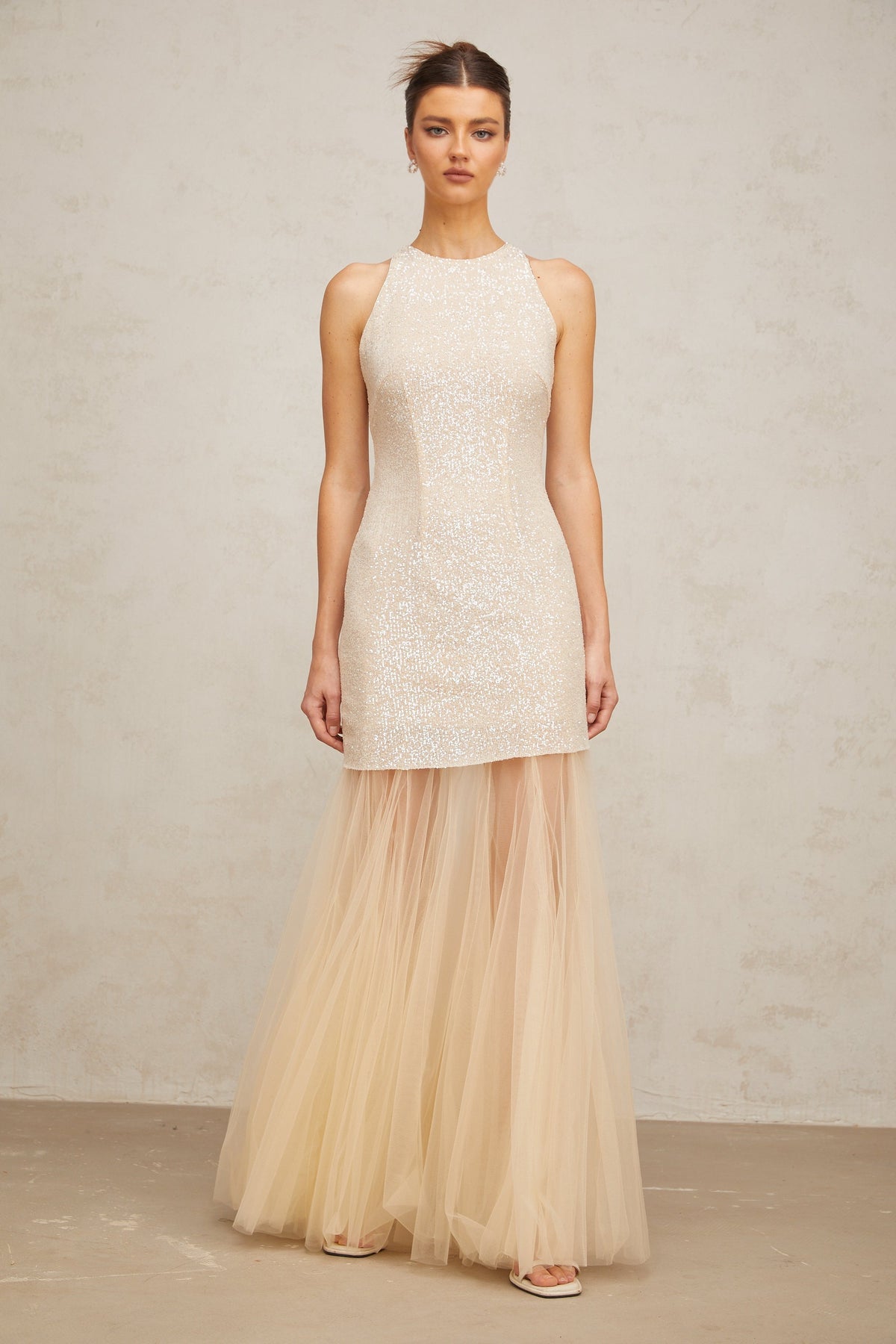 Thaïs champagne sequined tulle-panel maxi dress