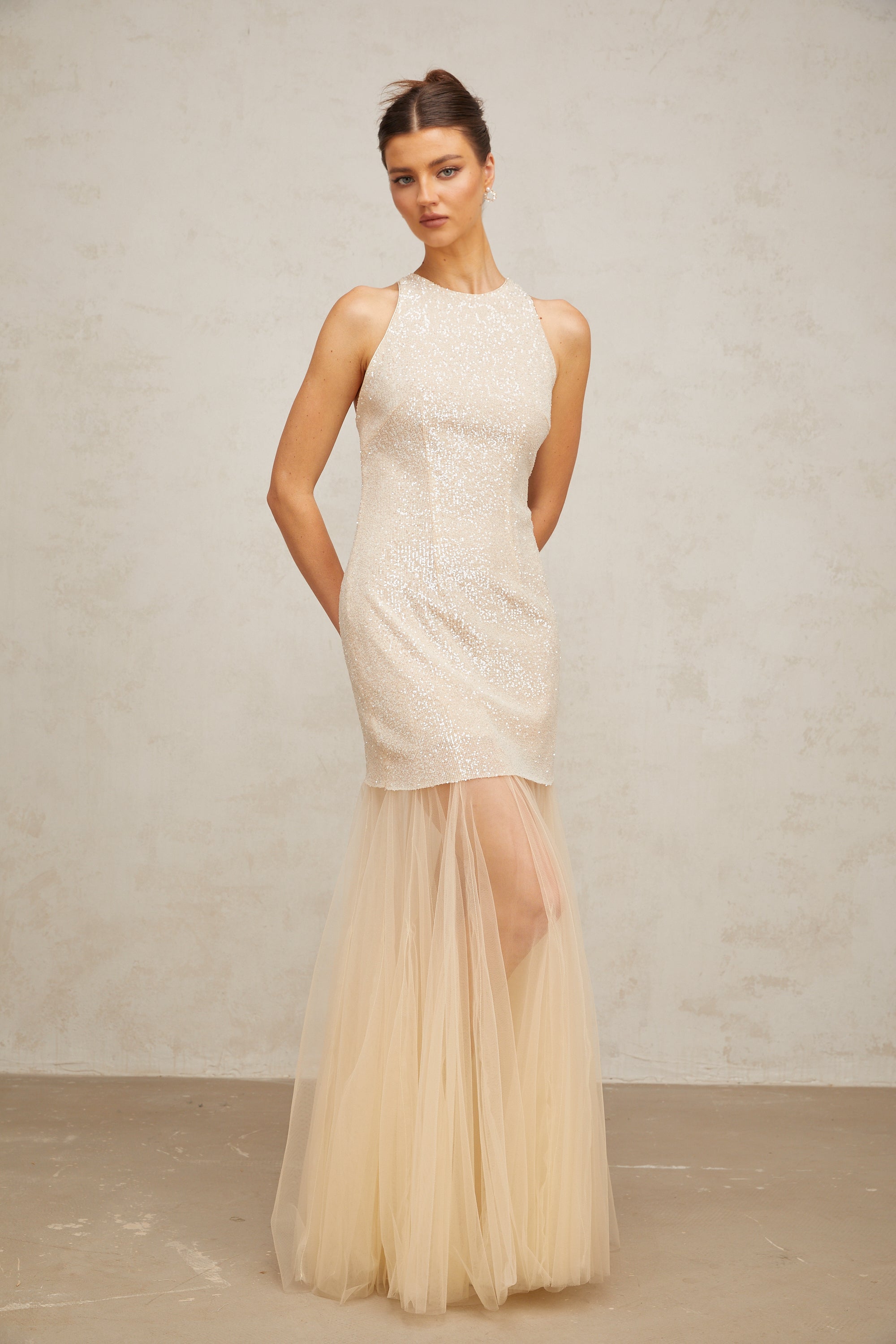 Thaïs champagne sequined tulle-panel maxi dress