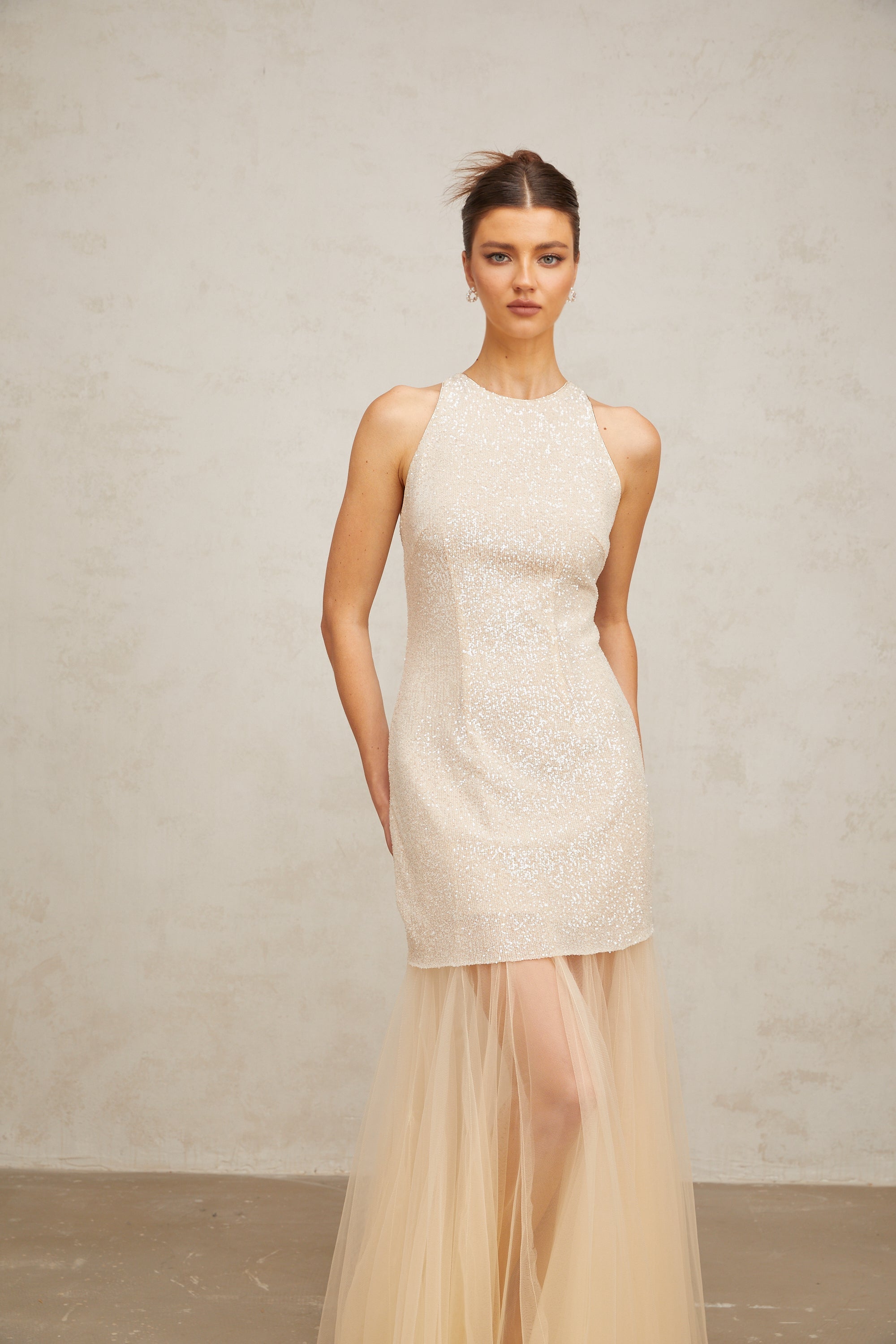 Thaïs champagne sequined tulle-panel maxi dress
