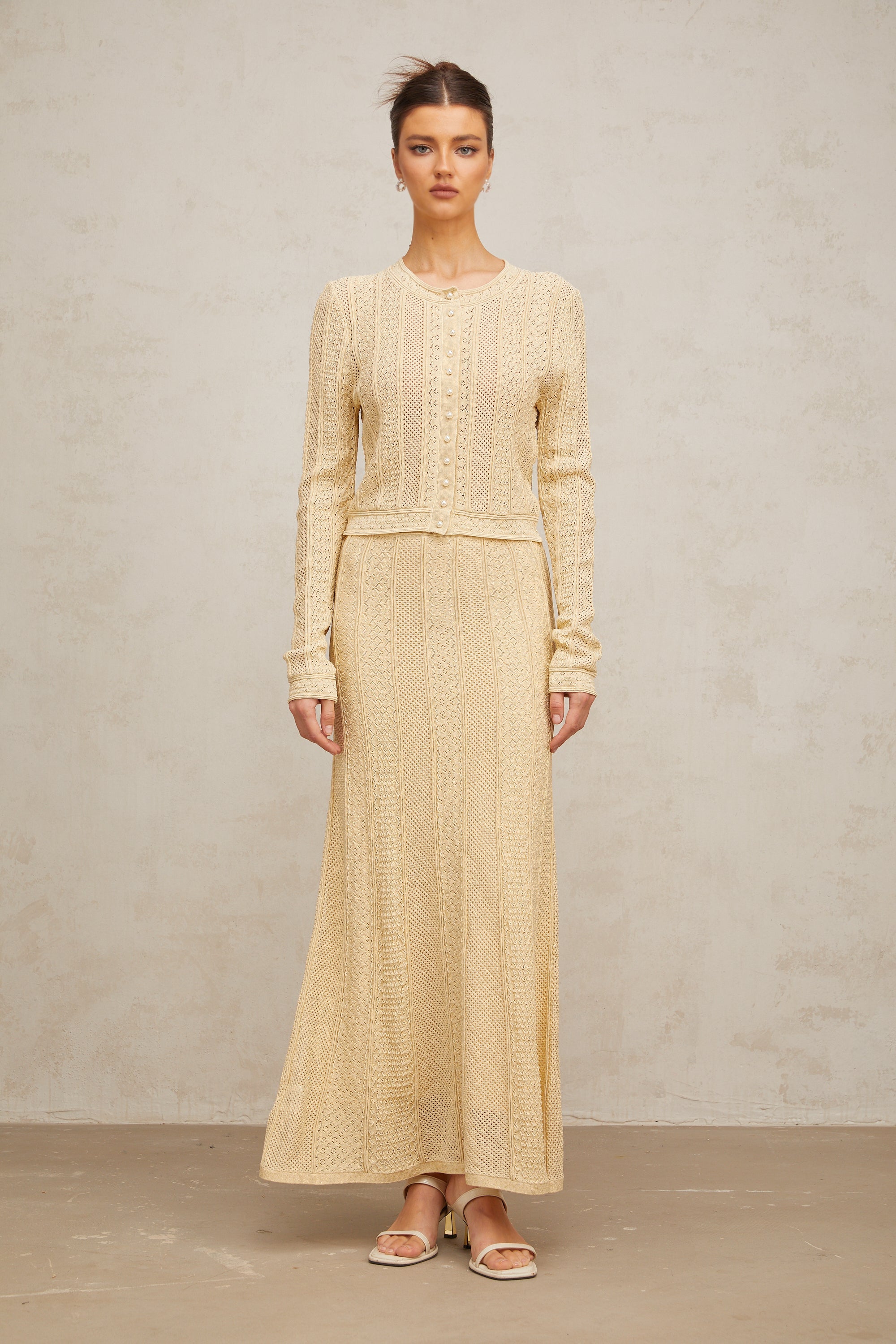 Tiphaine pointelle-knit cardigan & skirt matching set