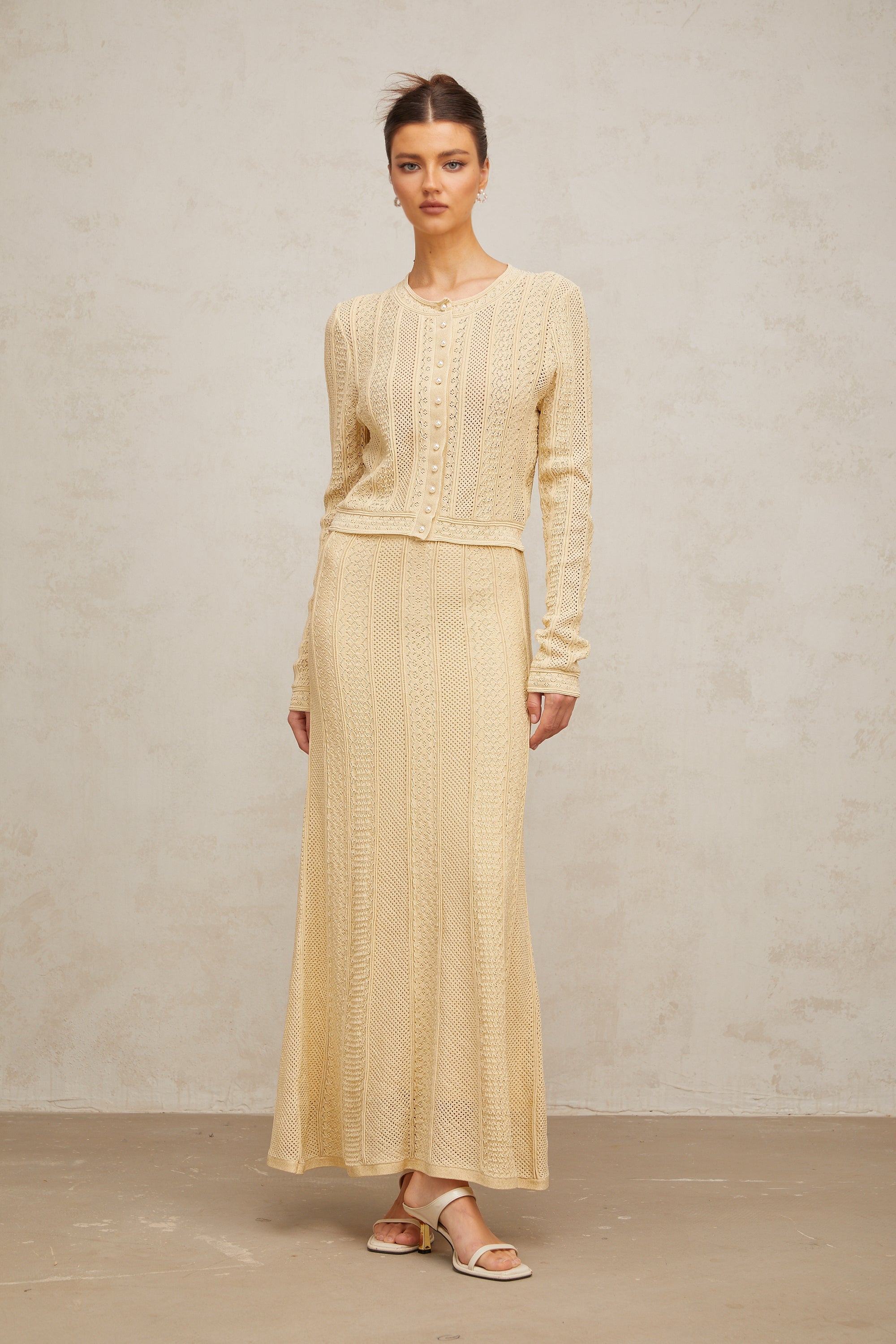 Tiphaine pointelle-knit cardigan & skirt matching set