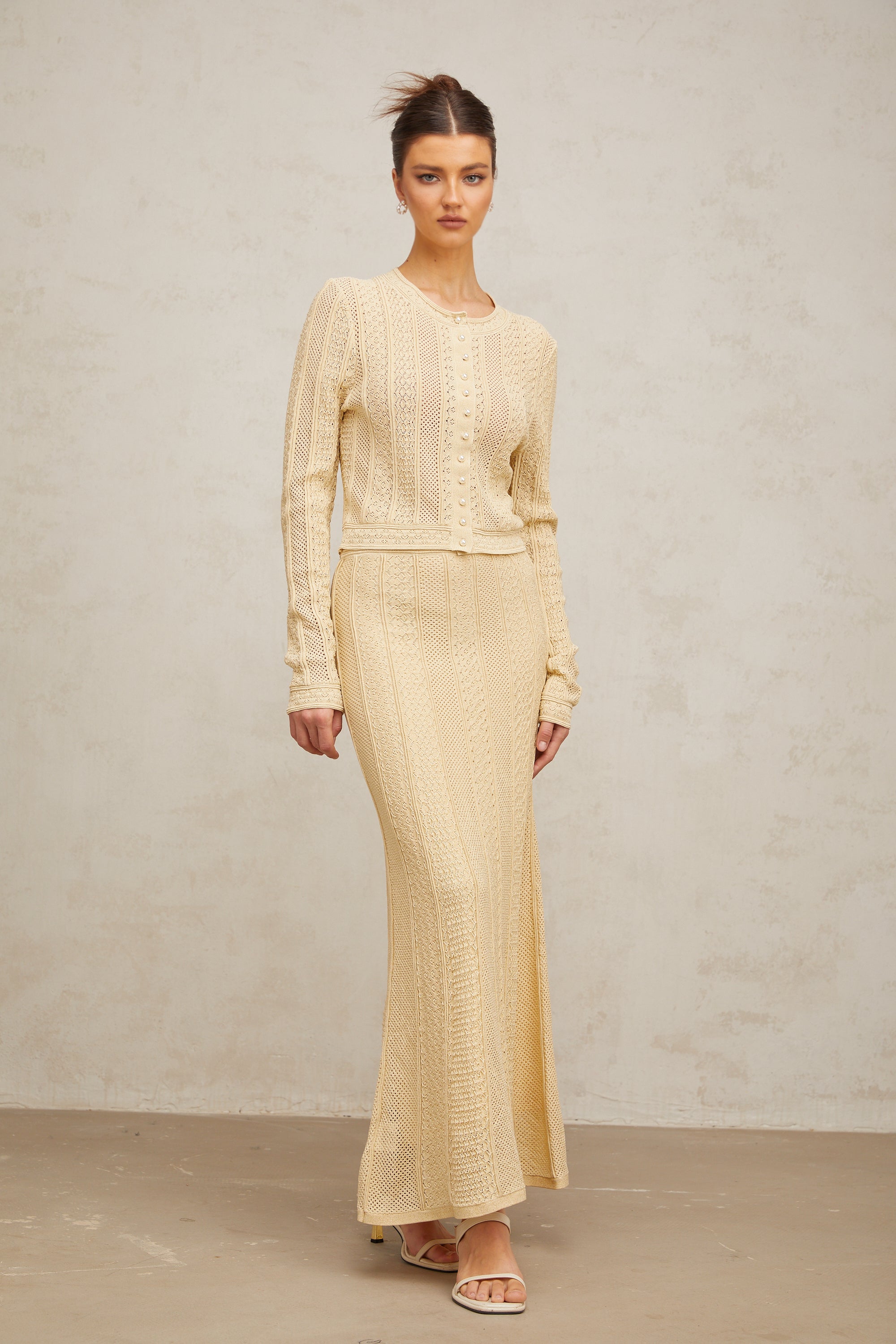 Tiphaine pointelle-knit cardigan & skirt matching set