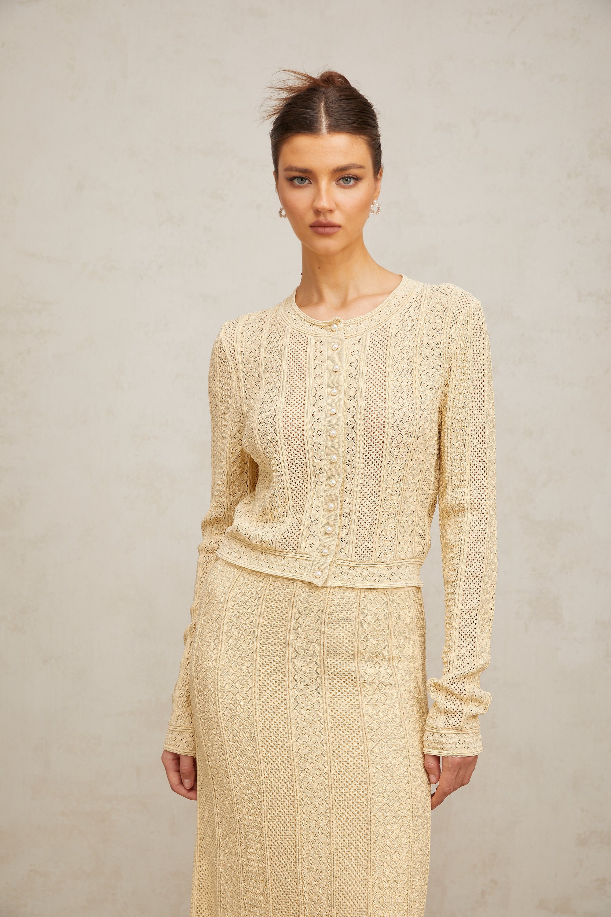 Tiphaine pointelle-knit cardigan & skirt matching set