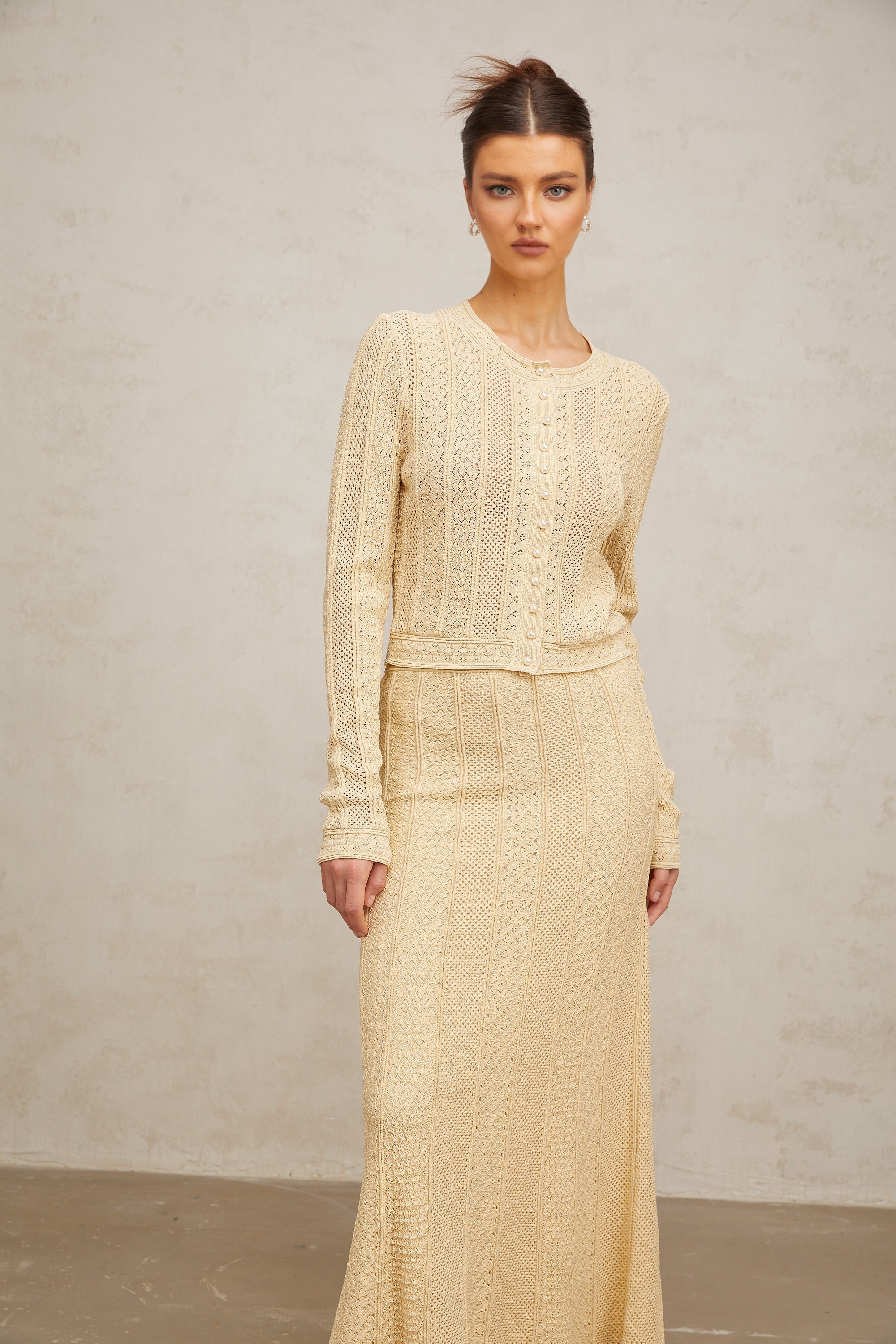 Tiphaine pointelle-knit cardigan & skirt matching set