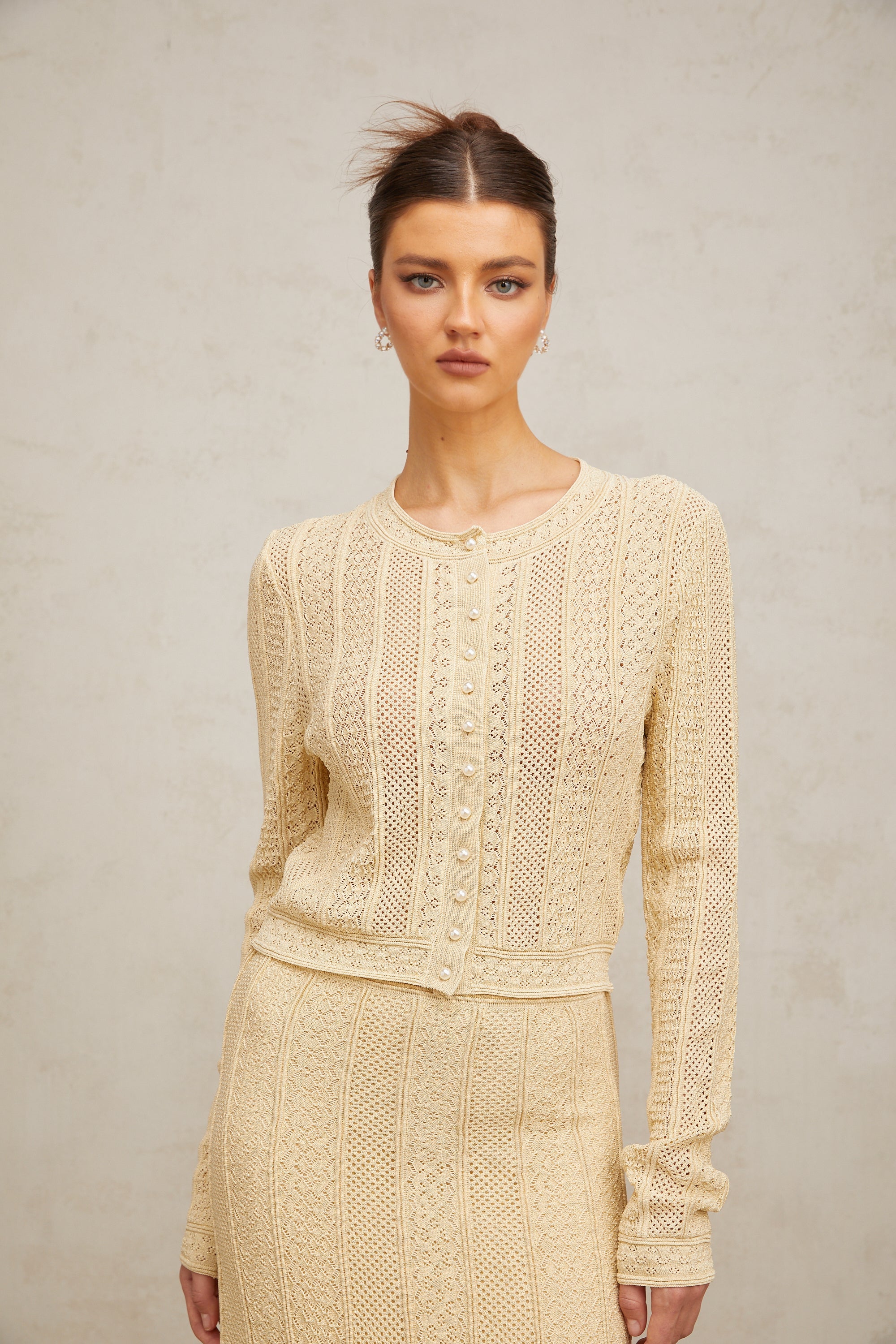 Tiphaine pointelle-knit cardigan & skirt matching set