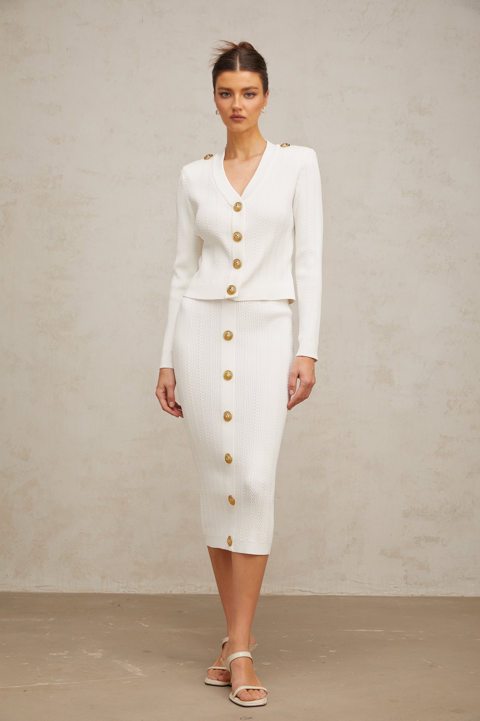 Quirine white rib-knit jacket & skirt matching set
