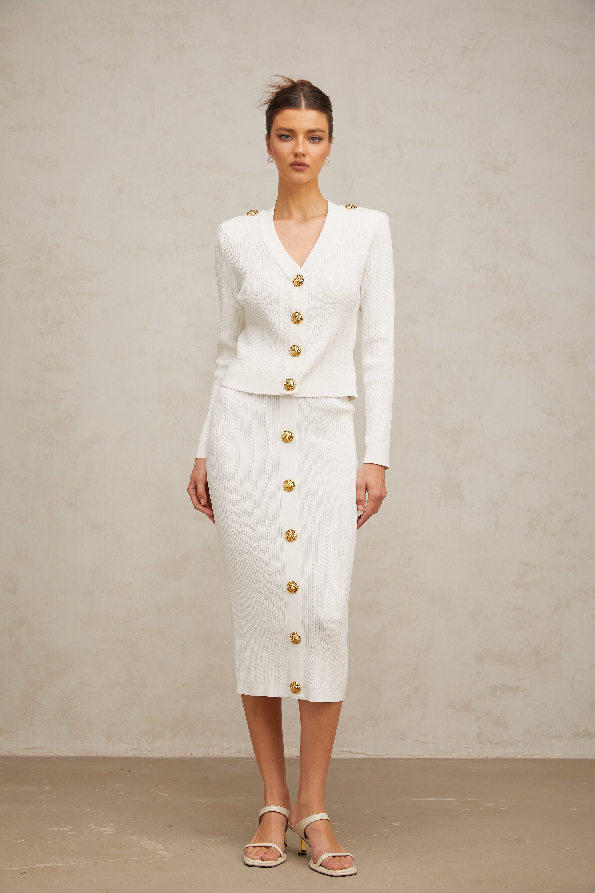 Quirine white rib-knit jacket & skirt matching set