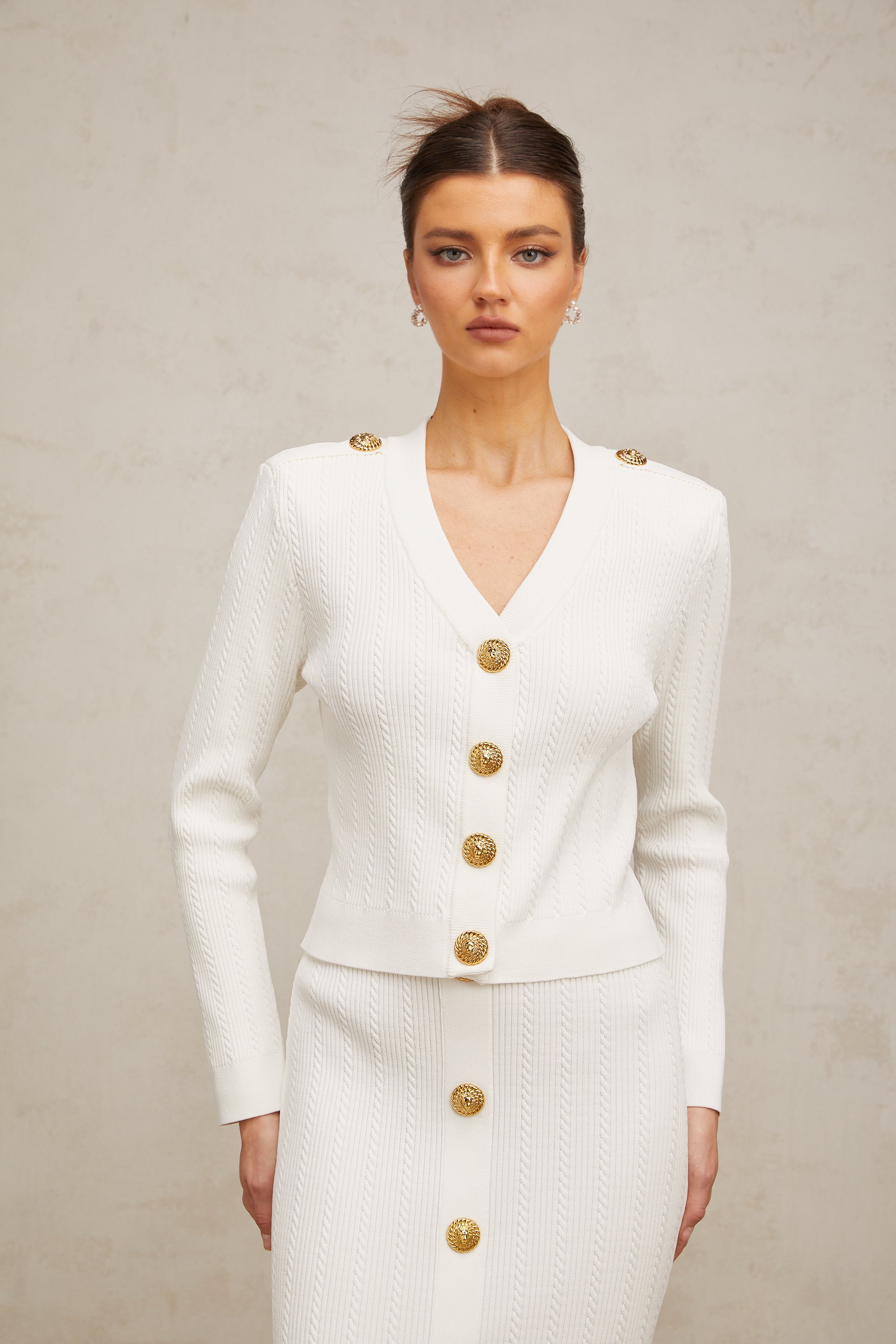 Quirine white rib-knit jacket & skirt matching set