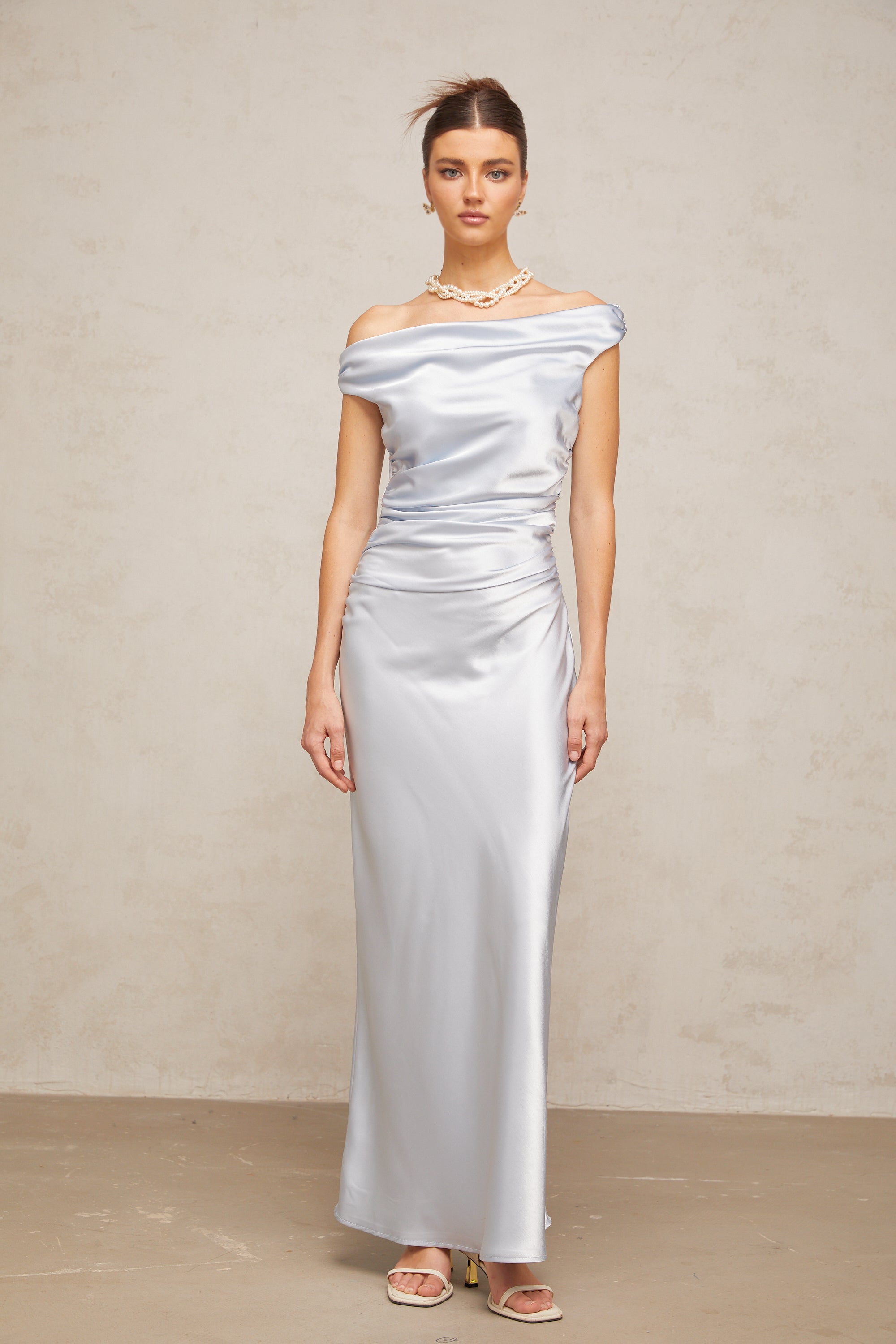 Amanda blue off-shoulder ruched satin maxi dress