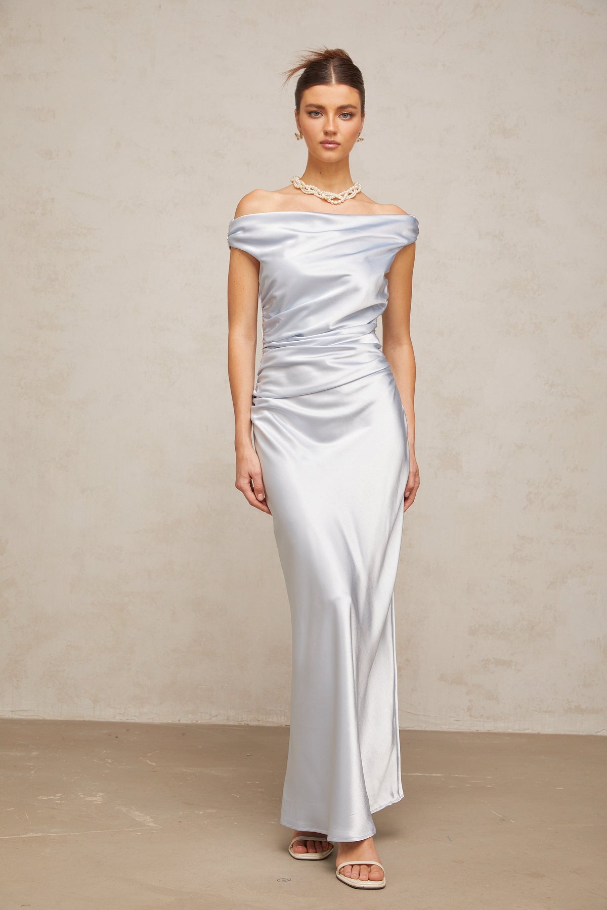 Amanda blue off-shoulder ruched satin maxi dress