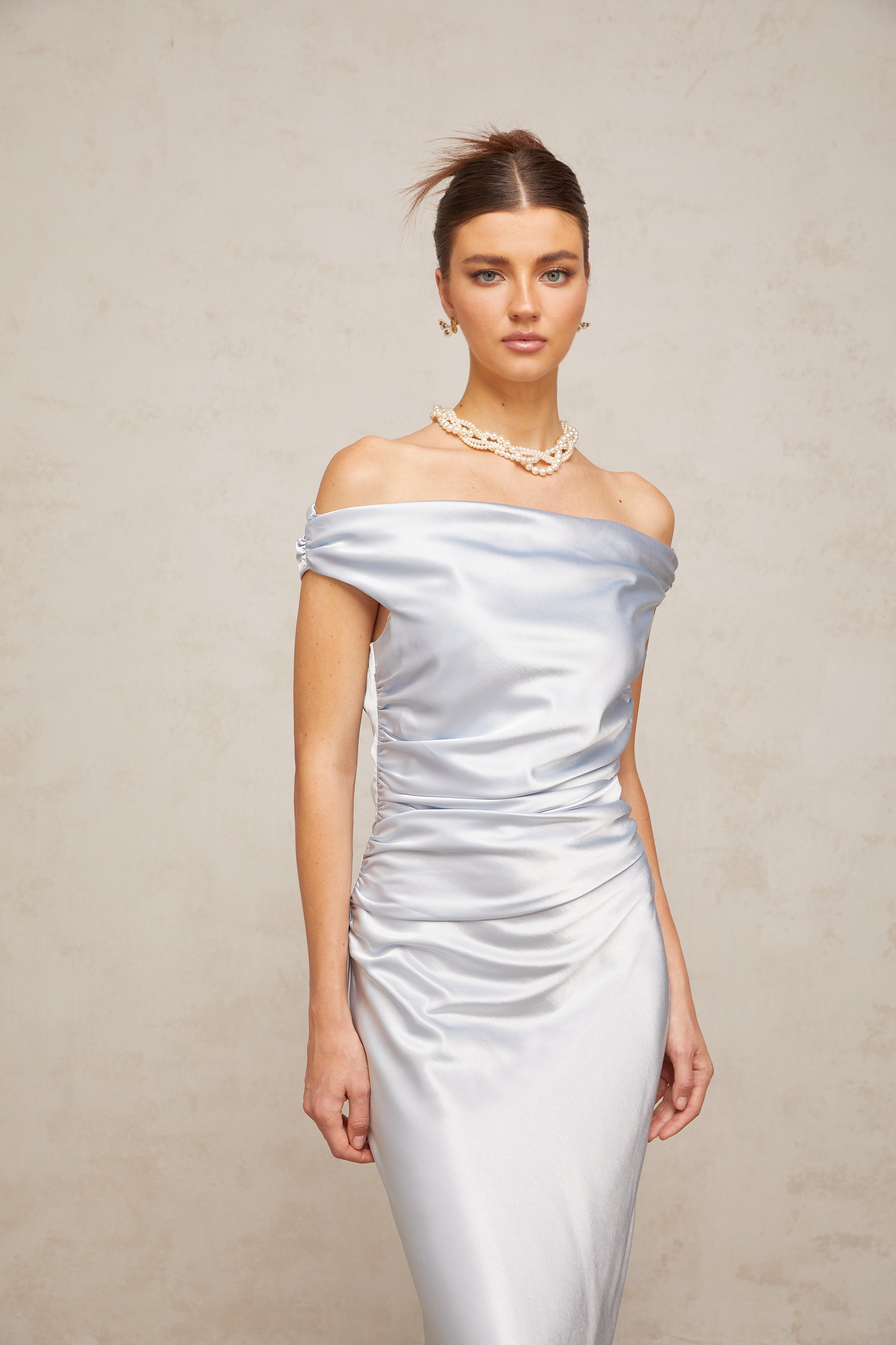 Amanda blue off-shoulder ruched satin maxi dress