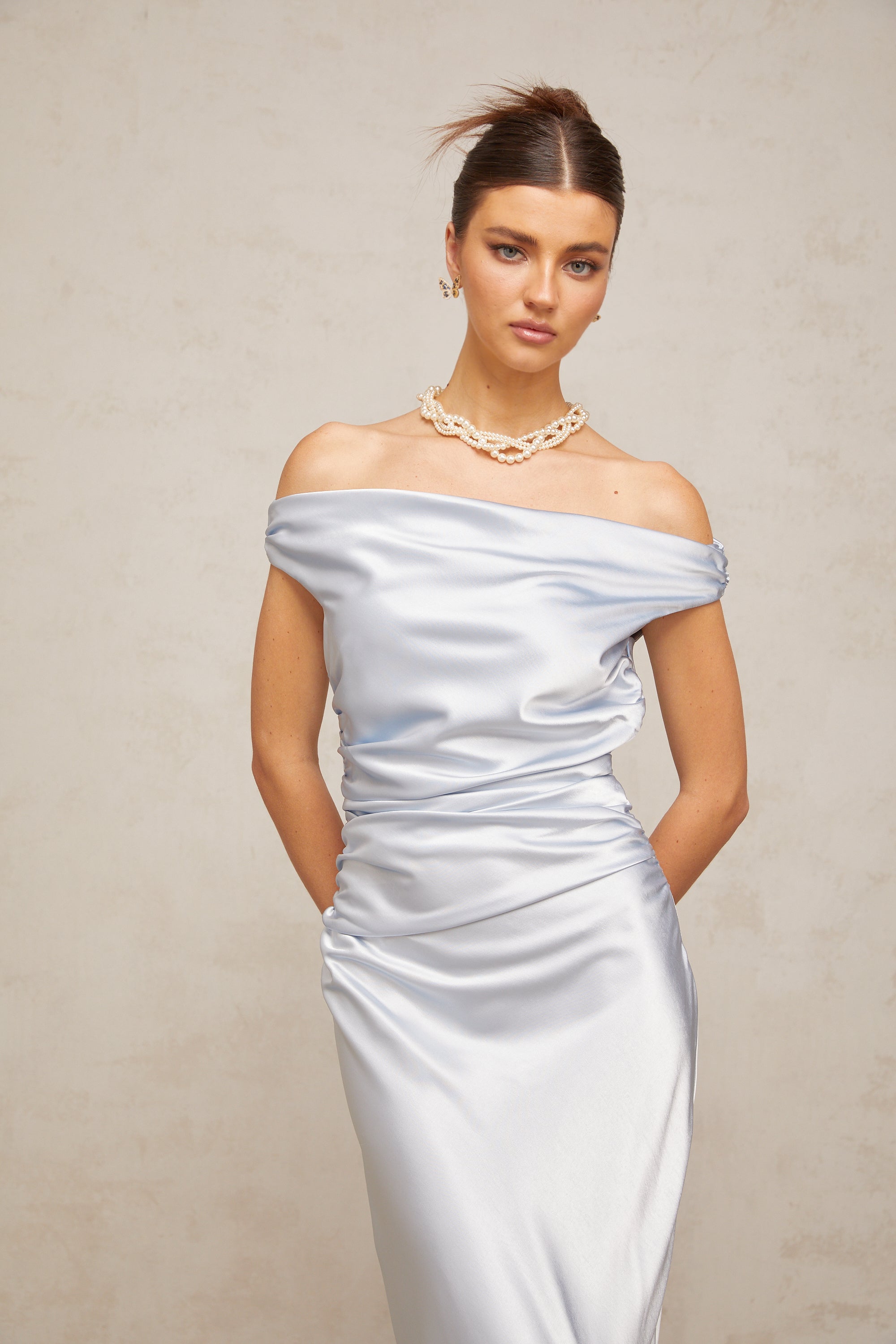 Amanda blue off-shoulder ruched satin maxi dress
