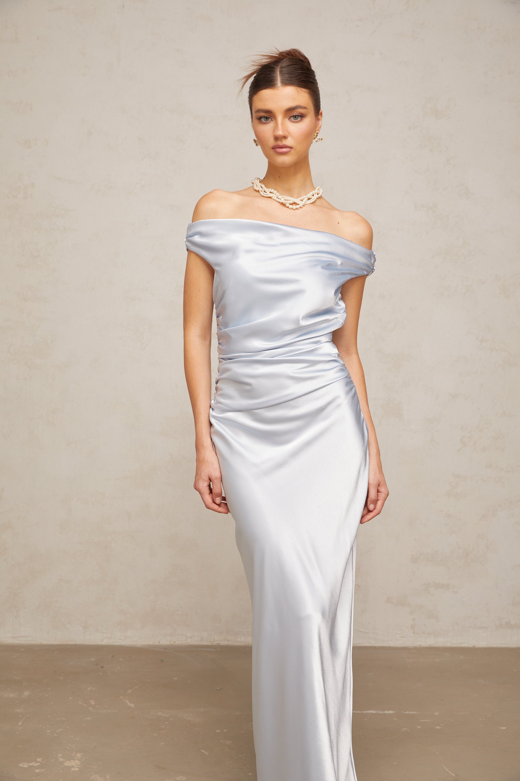 Amanda blue off-shoulder ruched satin maxi dress