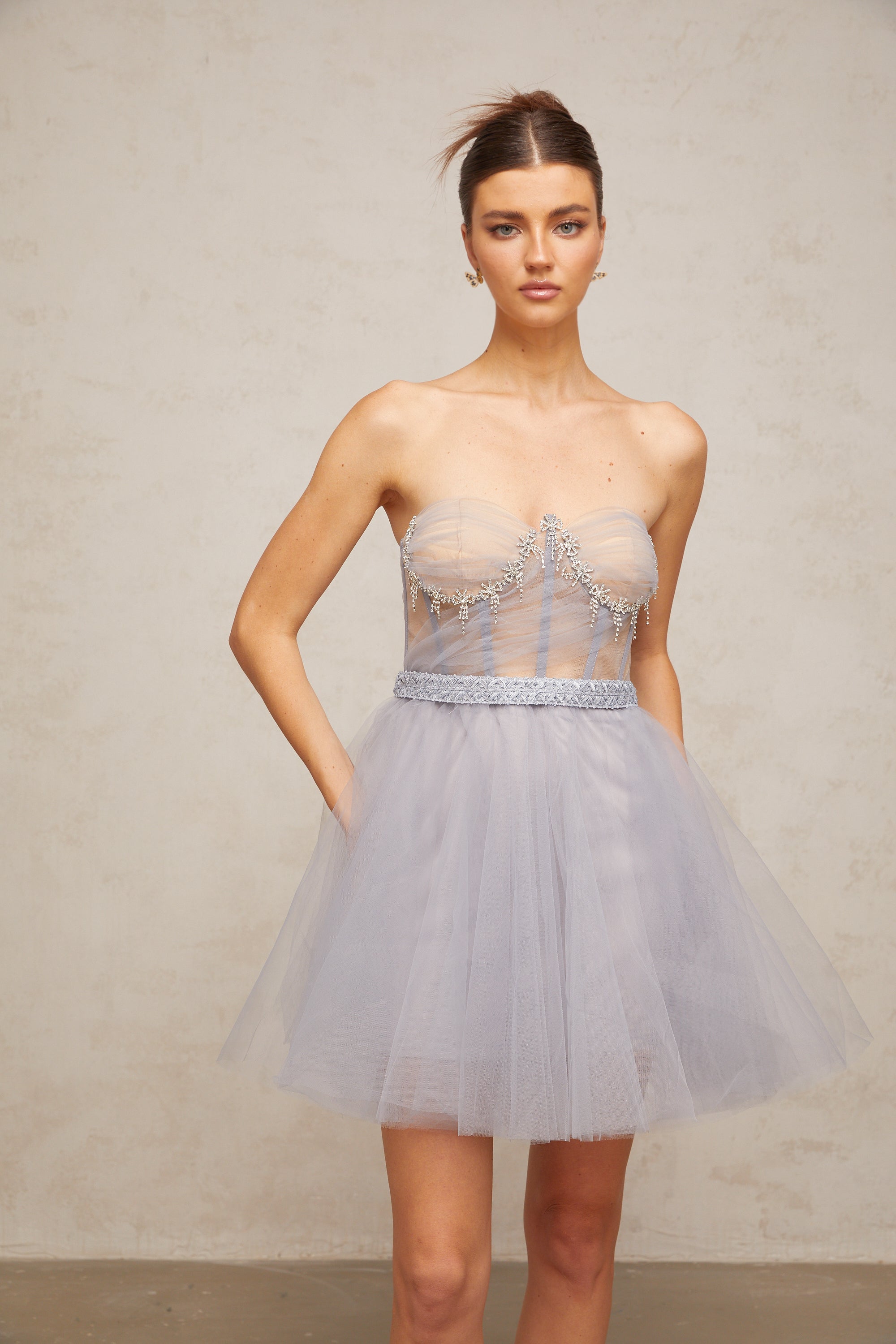 Aloïse grey embellished puff tulle mini dress