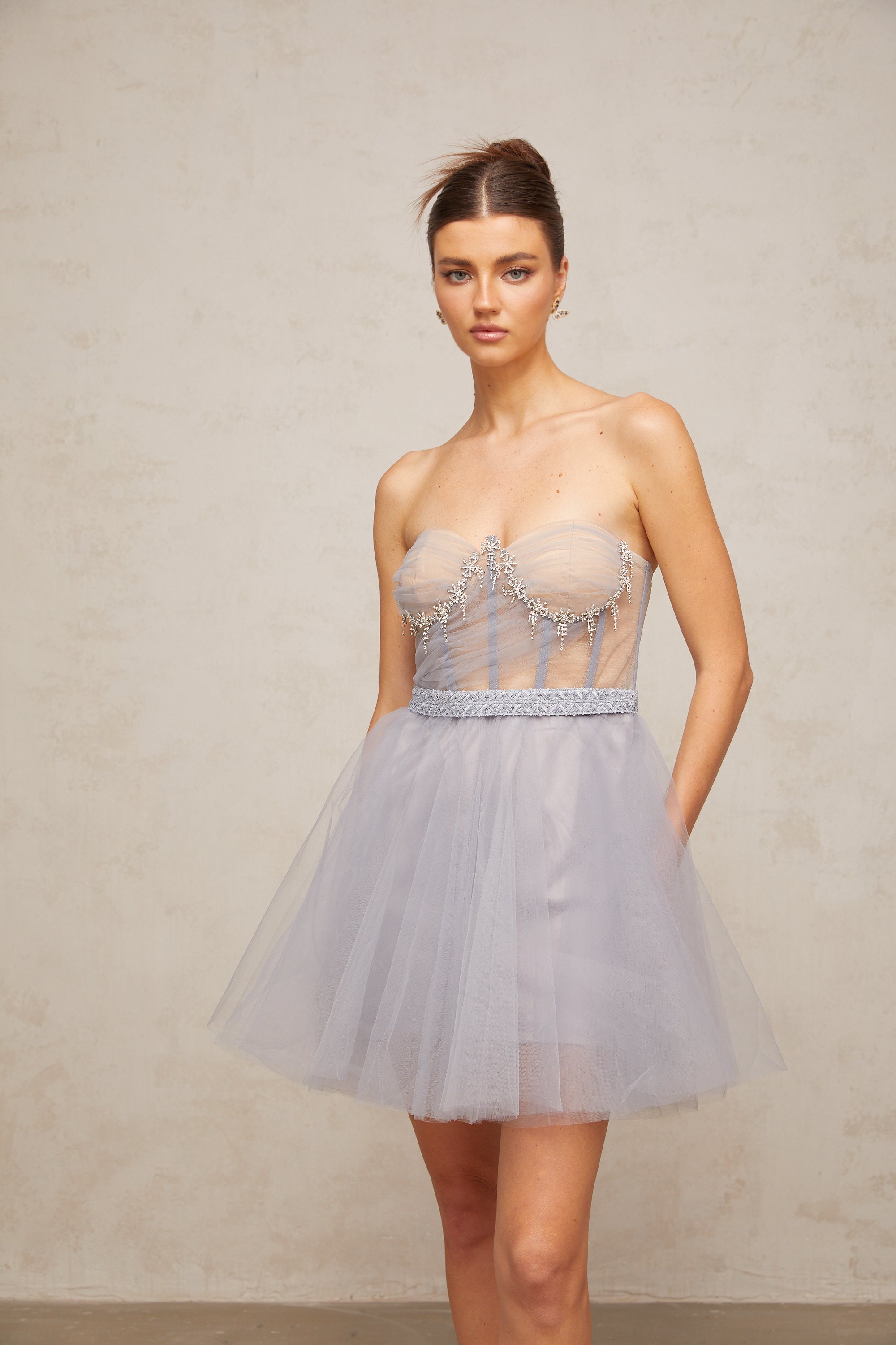 Aloïse grey embellished puff tulle mini dress