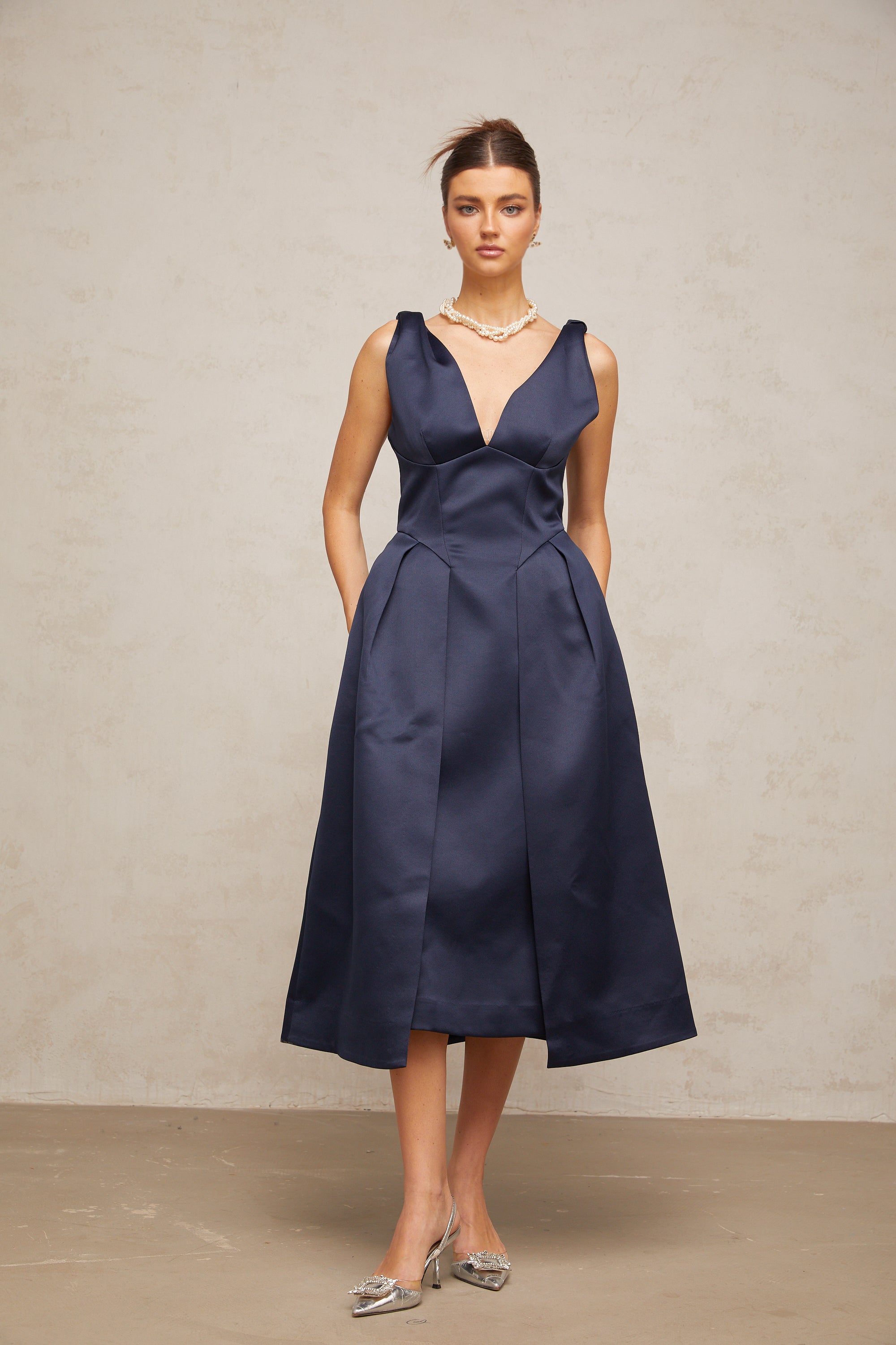 Chantale blue twist-detail satin midi dress (Final Sale)
