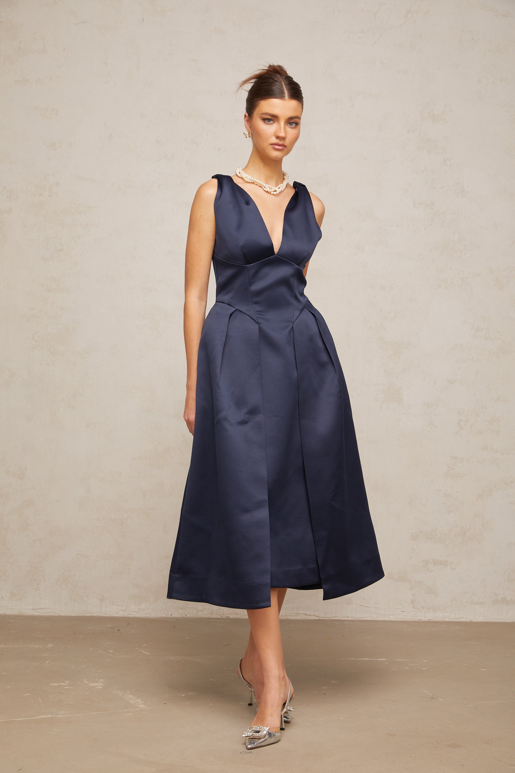 Chantale blue twist-detail satin midi dress (Final Sale)