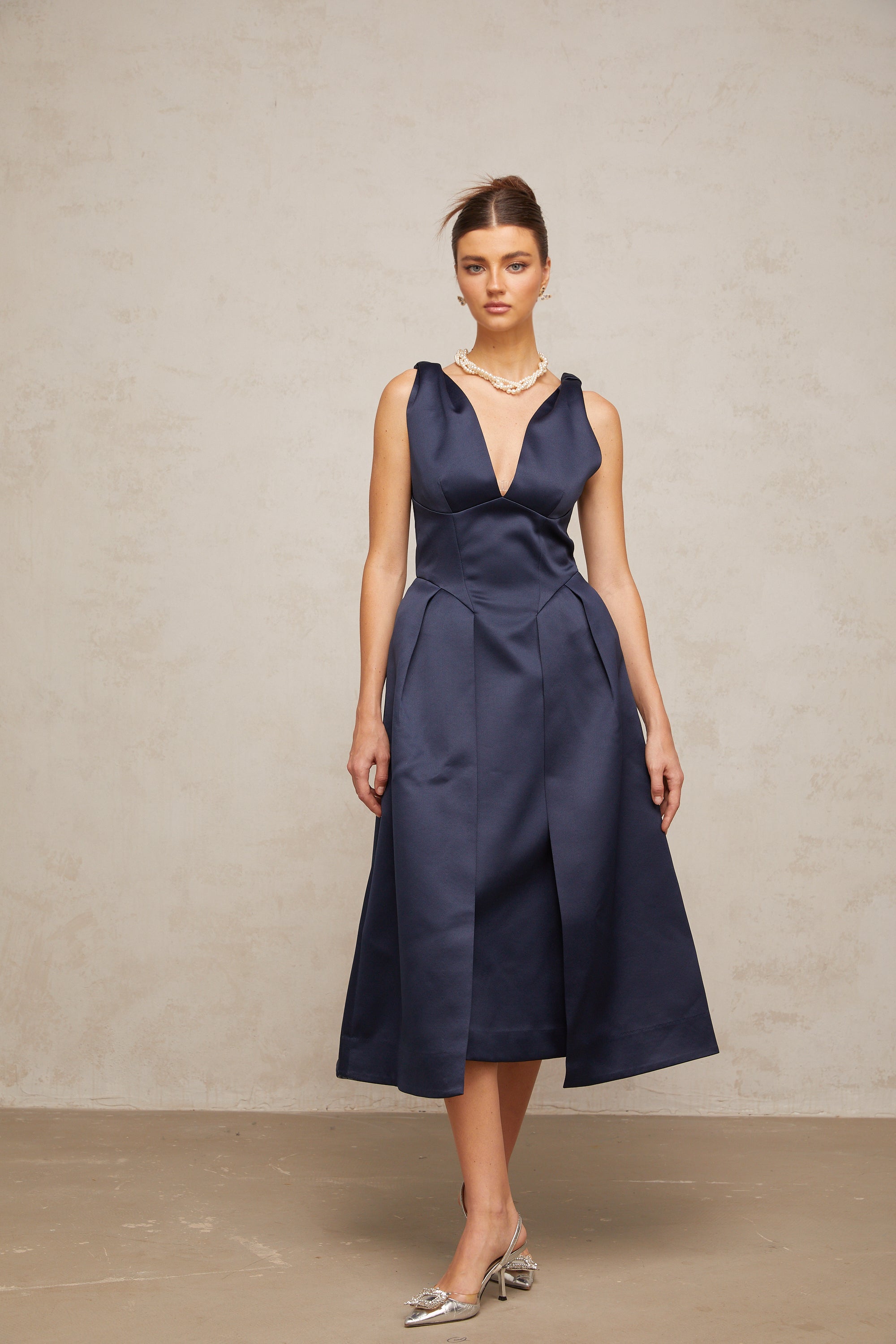Chantale blue twist-detail satin midi dress (Final Sale)