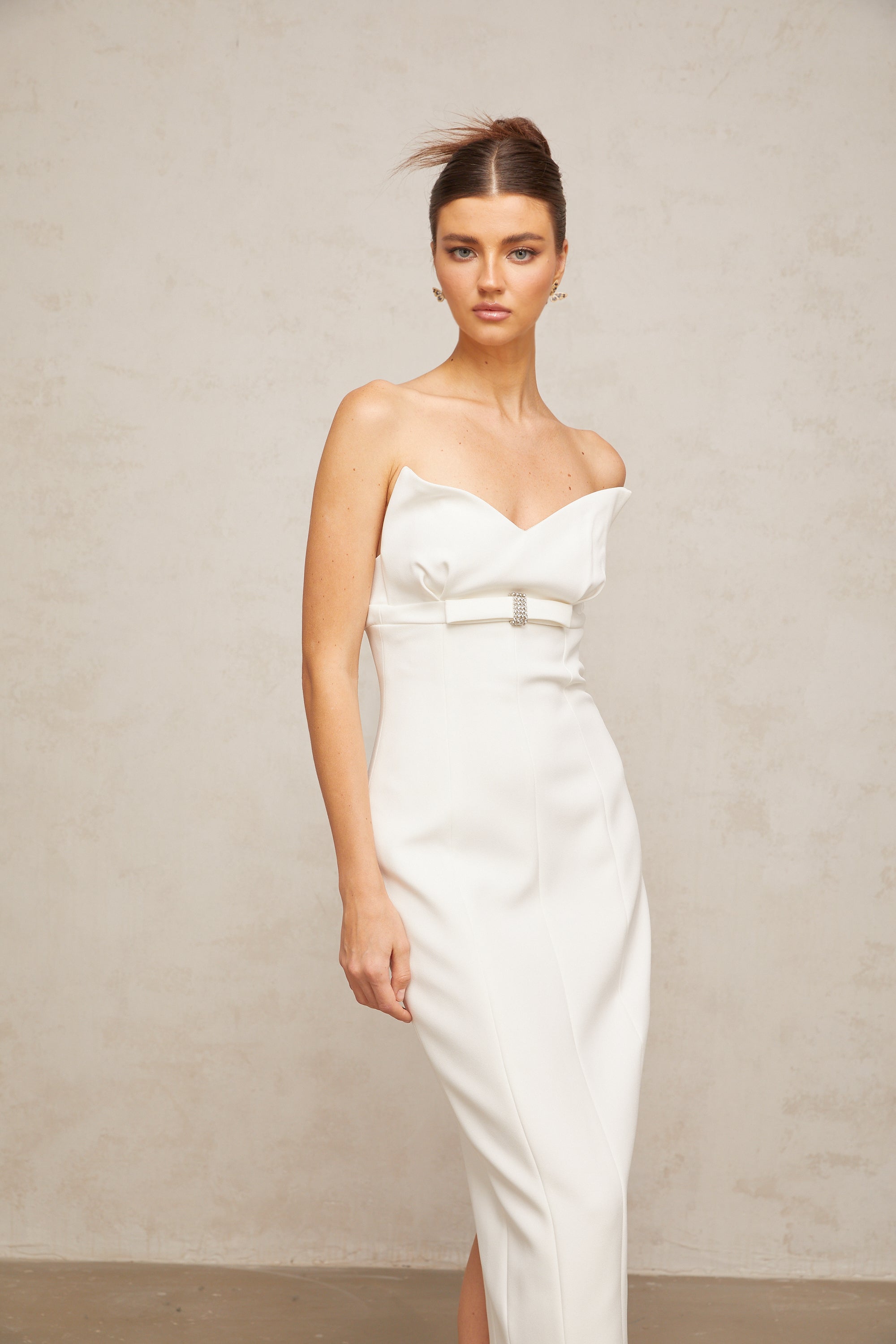 Isaline white corset bow-detail midi dress