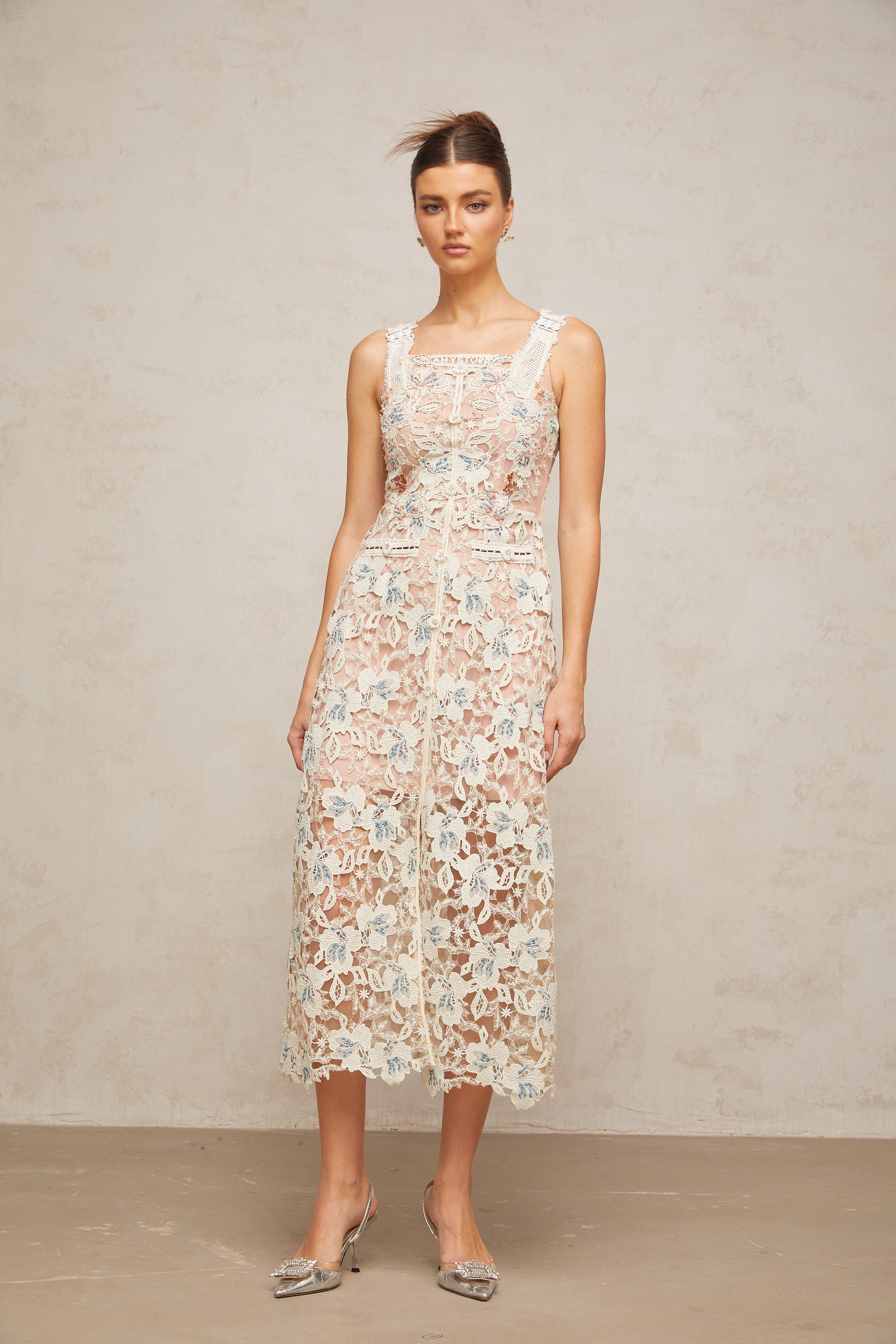 Roxane white A-line flora-lace midi dress (US Only)