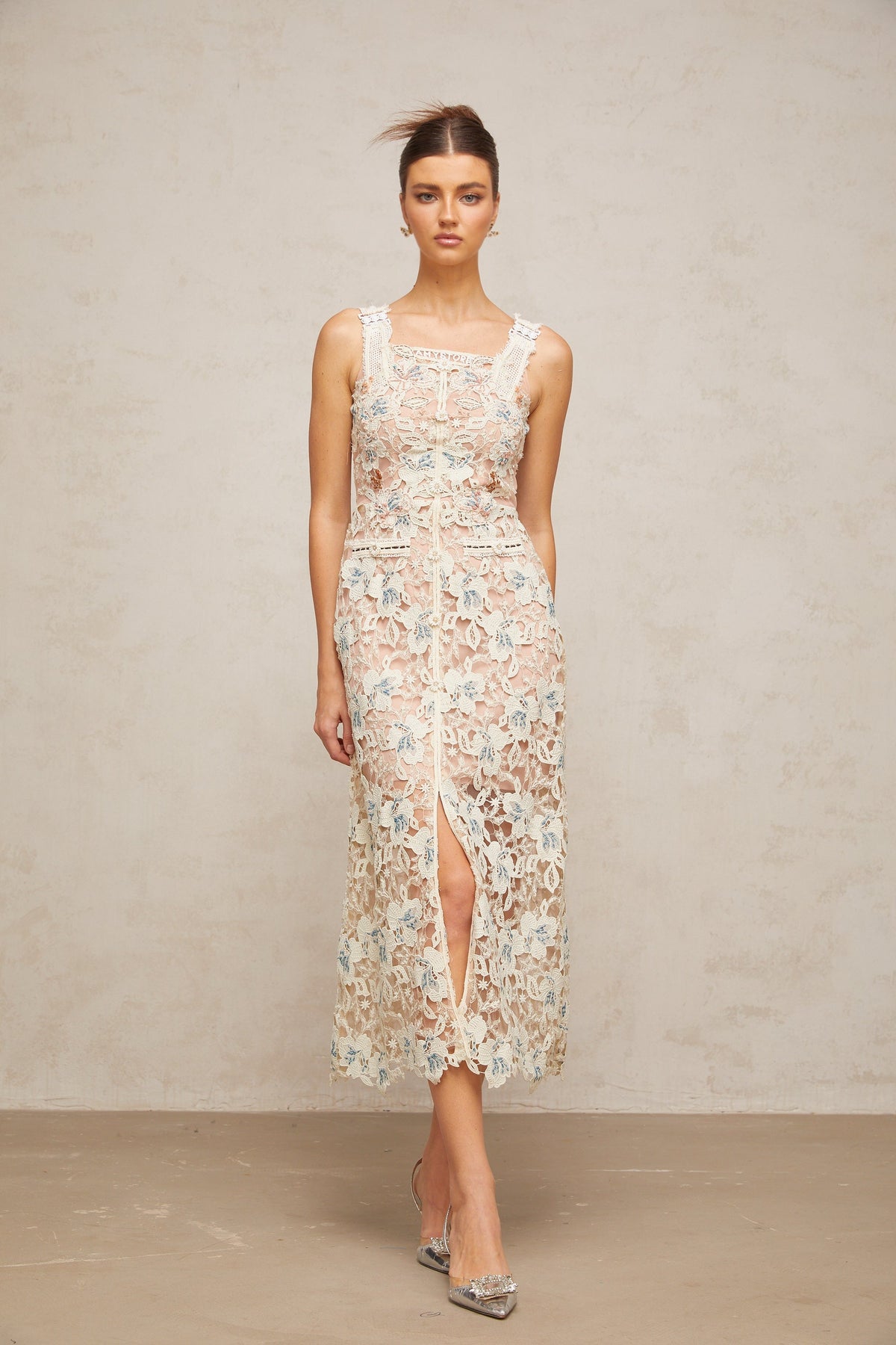 Roxane white A-line flora-lace midi dress