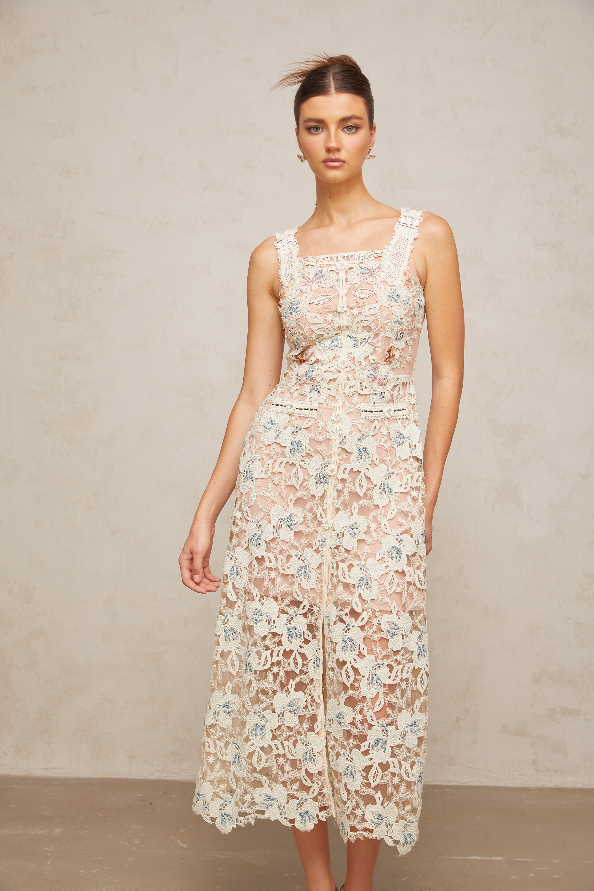 Roxane white A-line flora-lace midi dress (US Only)
