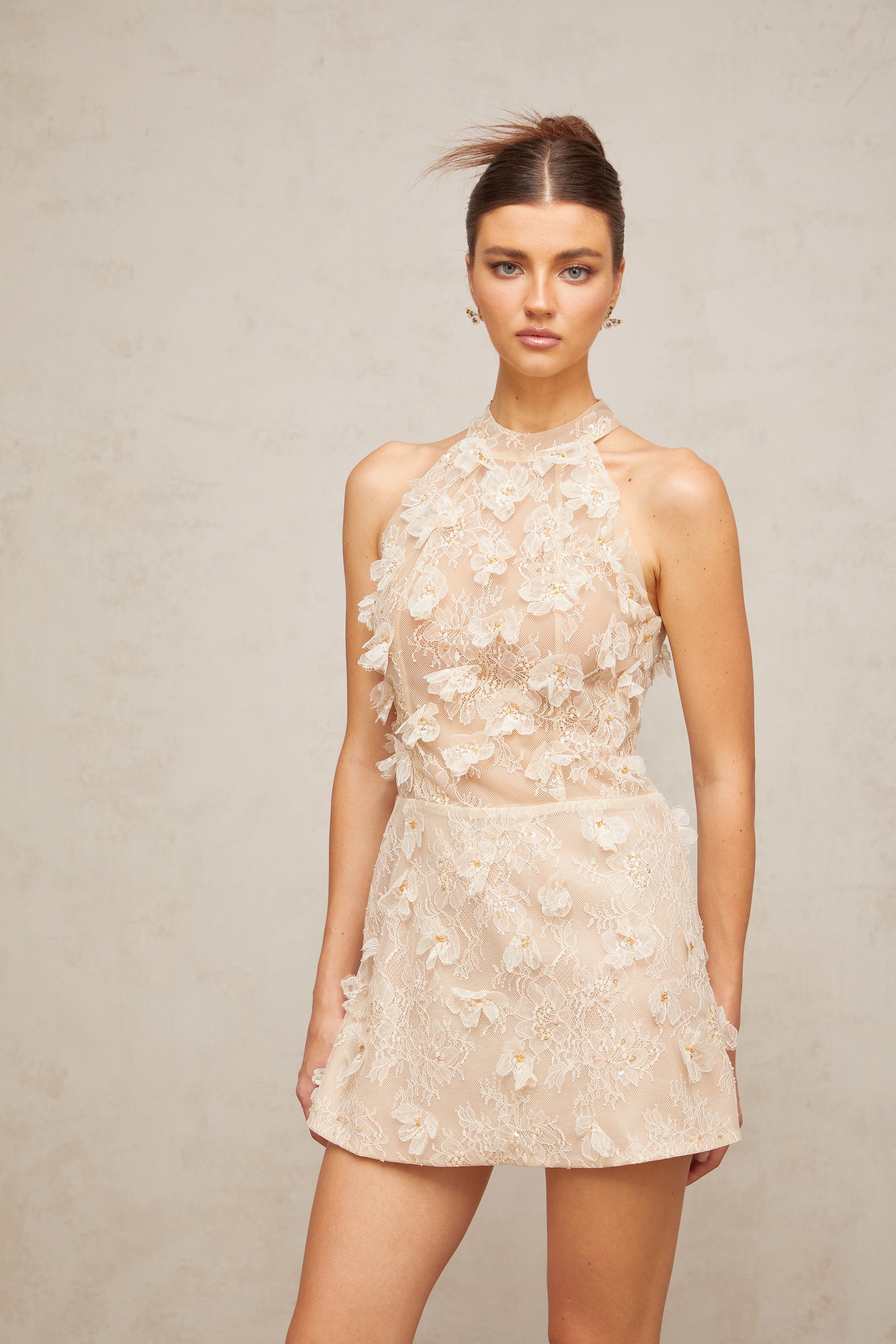Léa neutrals flower-appliqué lace mini dress
