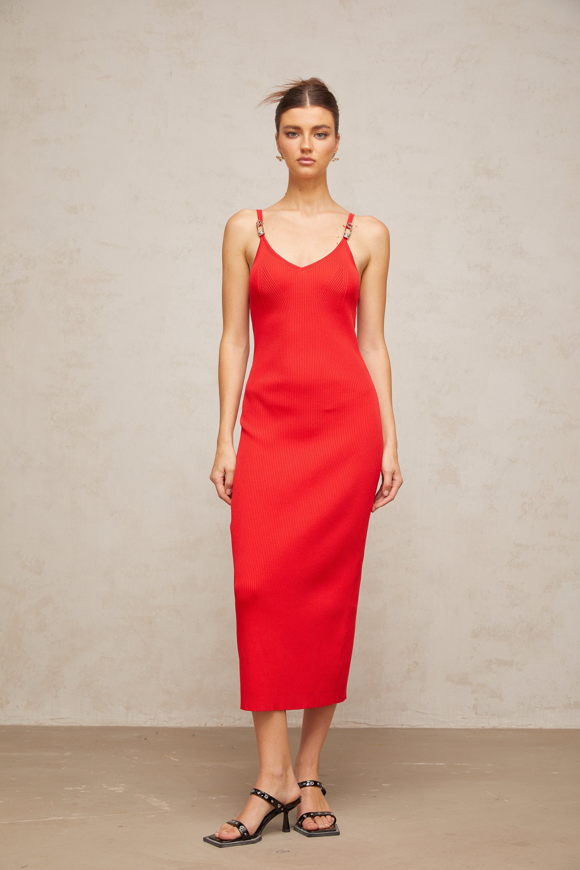 Prunelle red pin-detail knitted midi dress