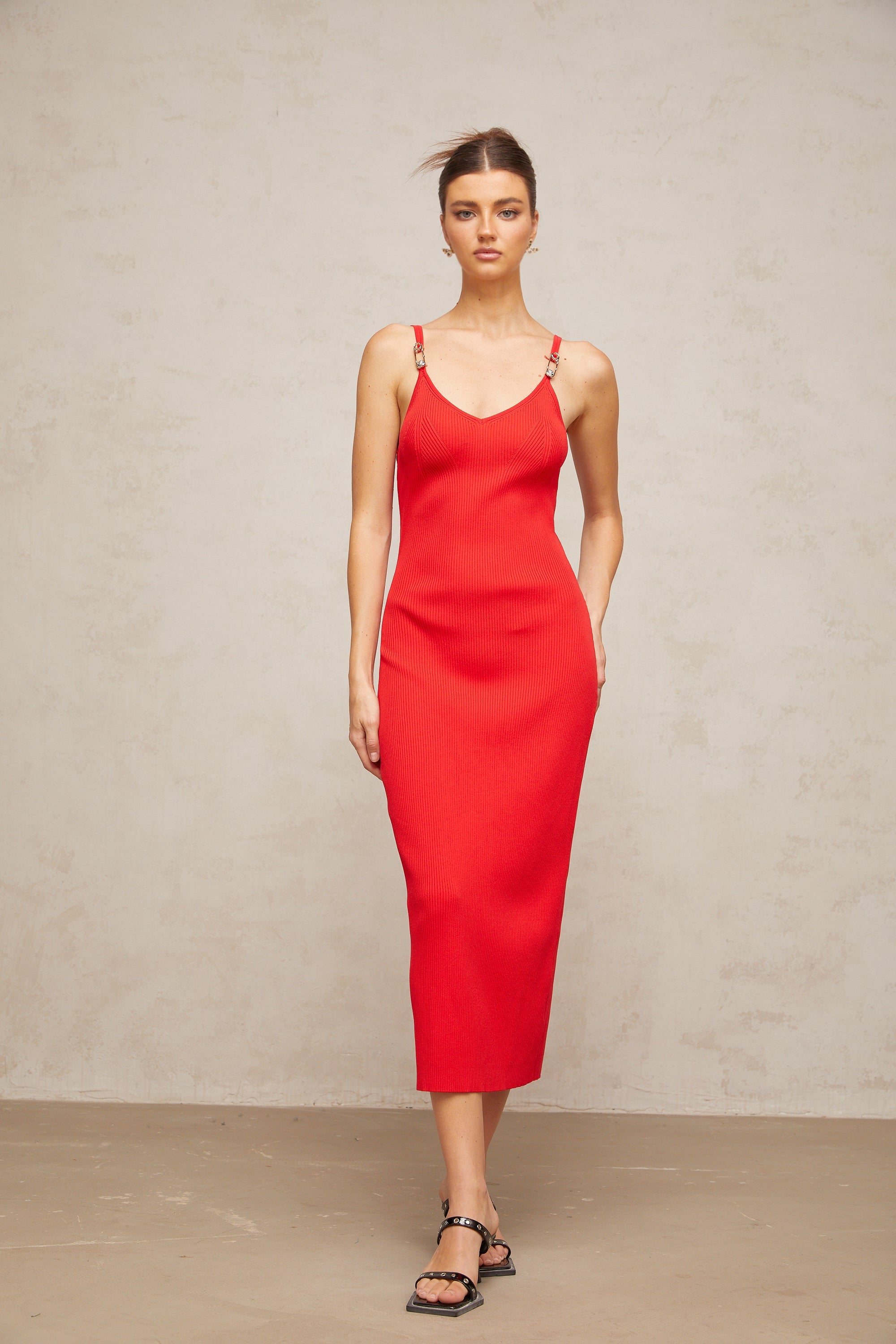 Prunelle red pin-detail knitted midi dress