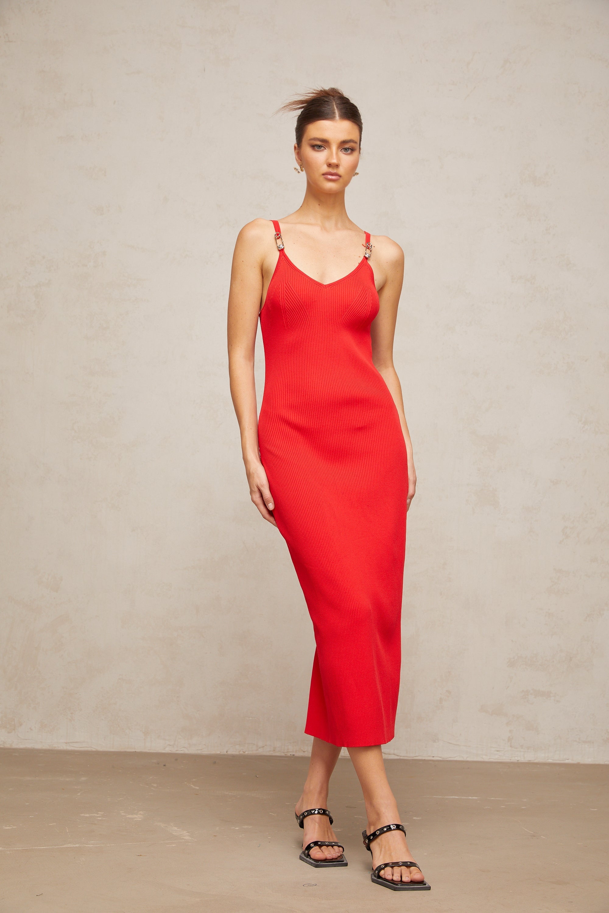 Prunelle red pin-detail knitted midi dress