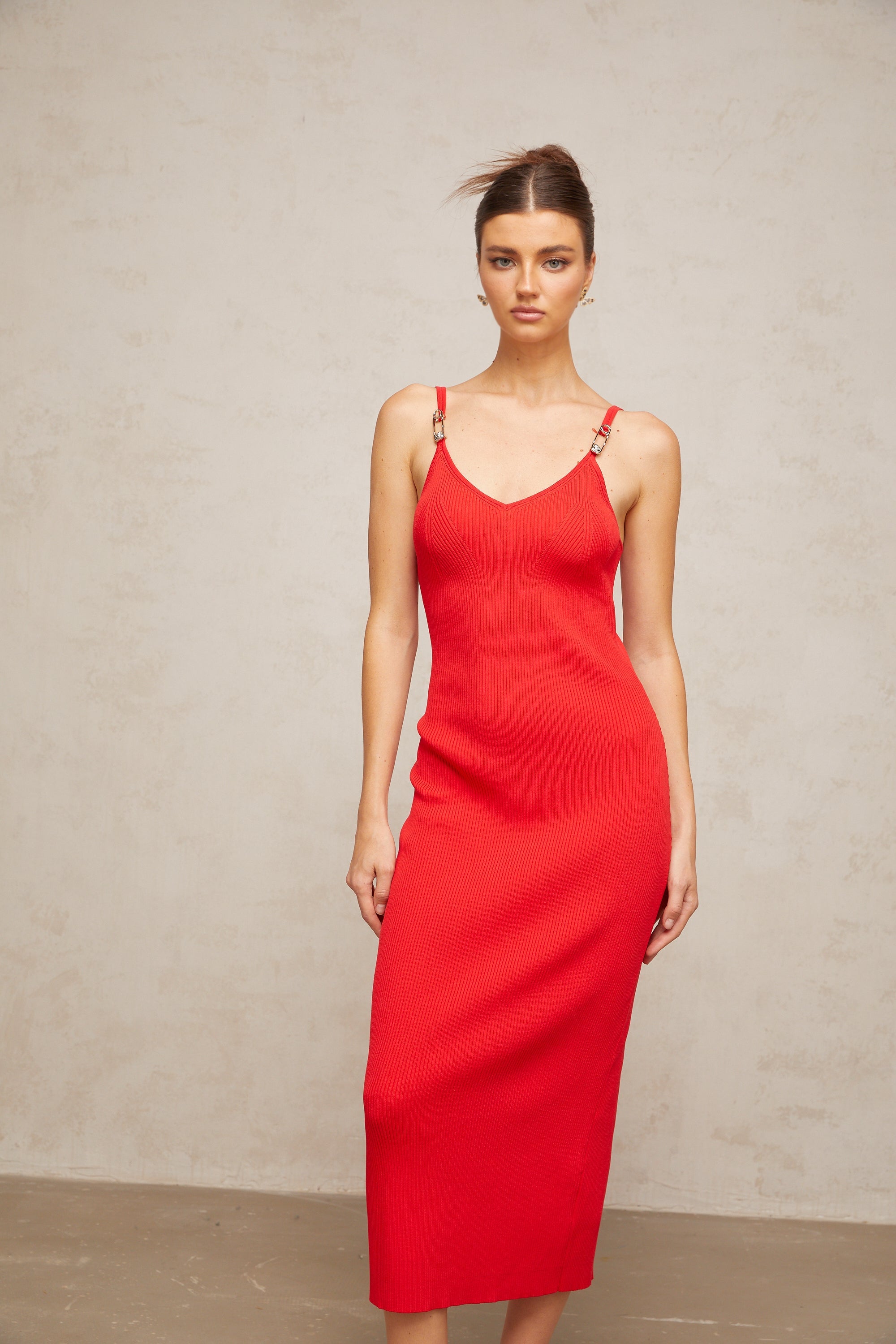 Prunelle red pin-detail knitted midi dress