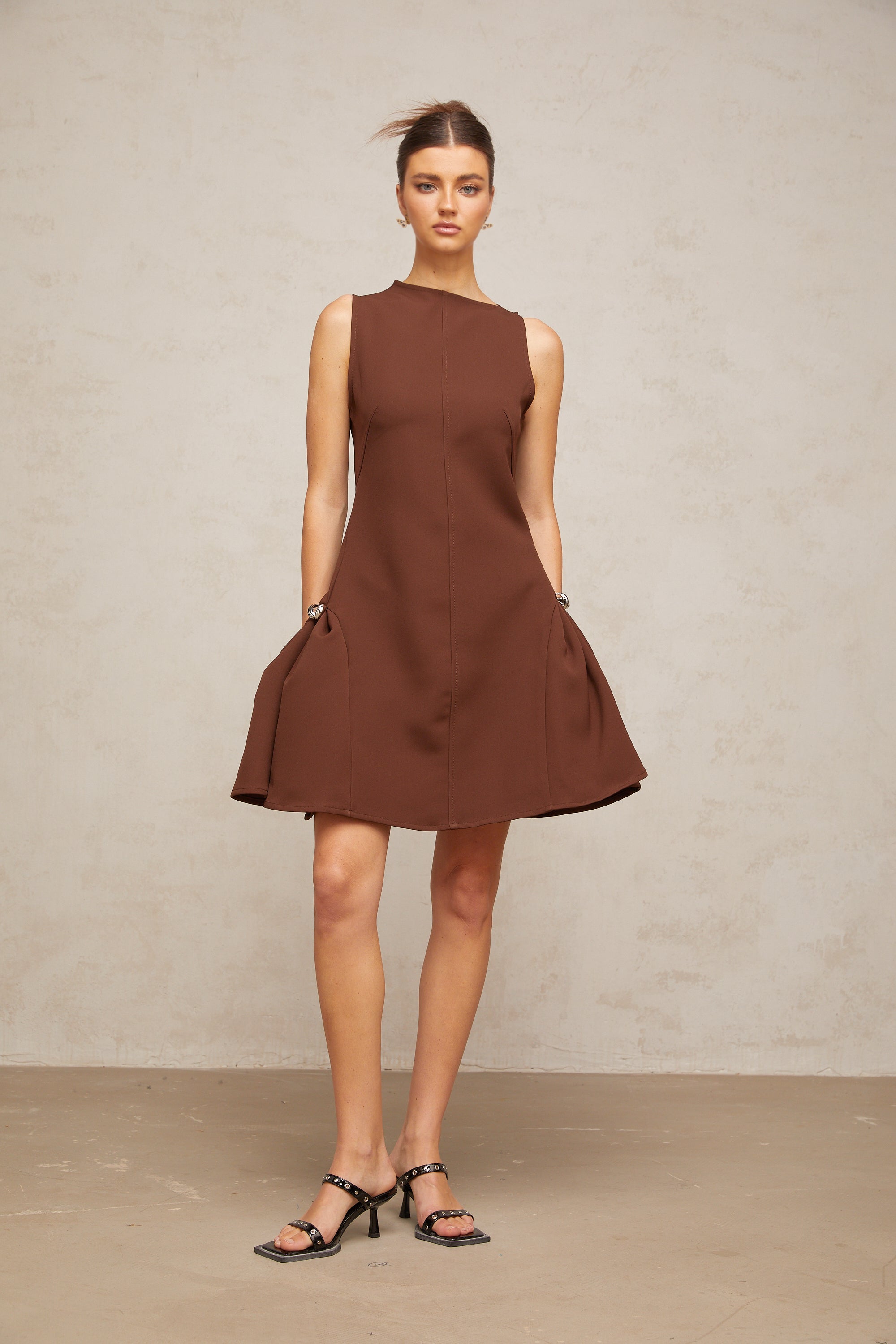 Dora brown asymmetrical-neck puff mini dress
