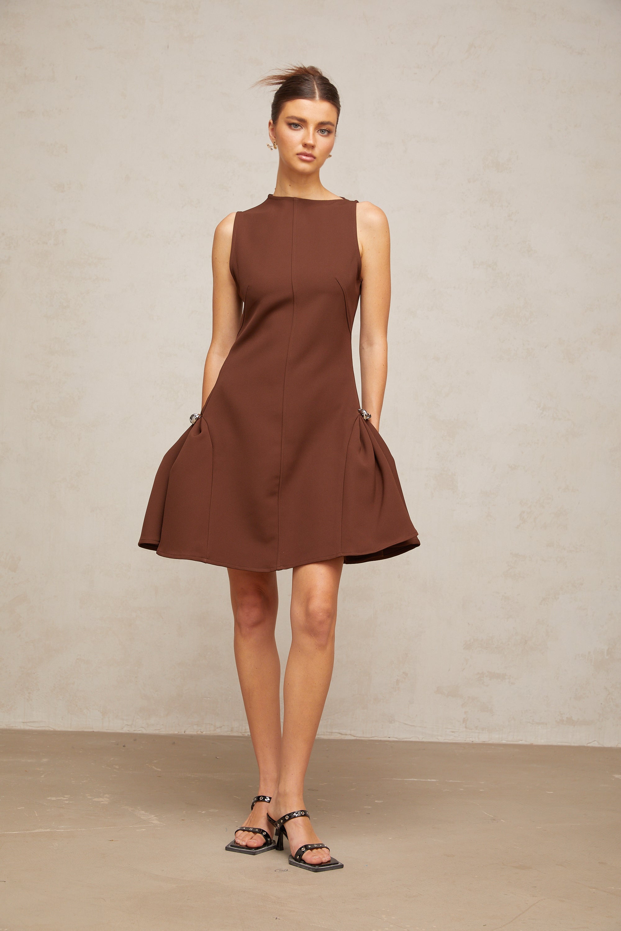 Dora brown asymmetrical-neck puff mini dress