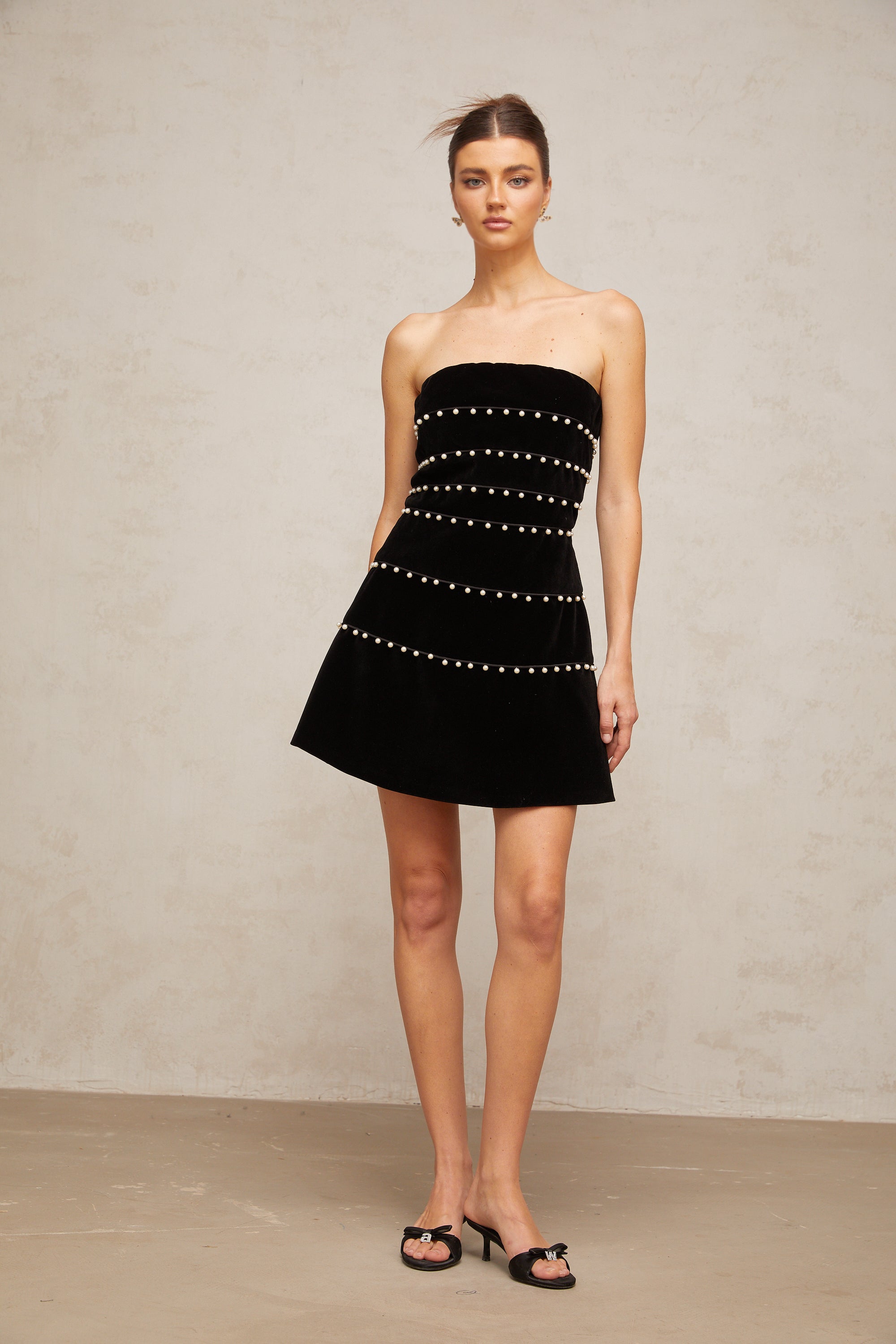 Camille black faux-pearl velvet mini dress (Final Sale)