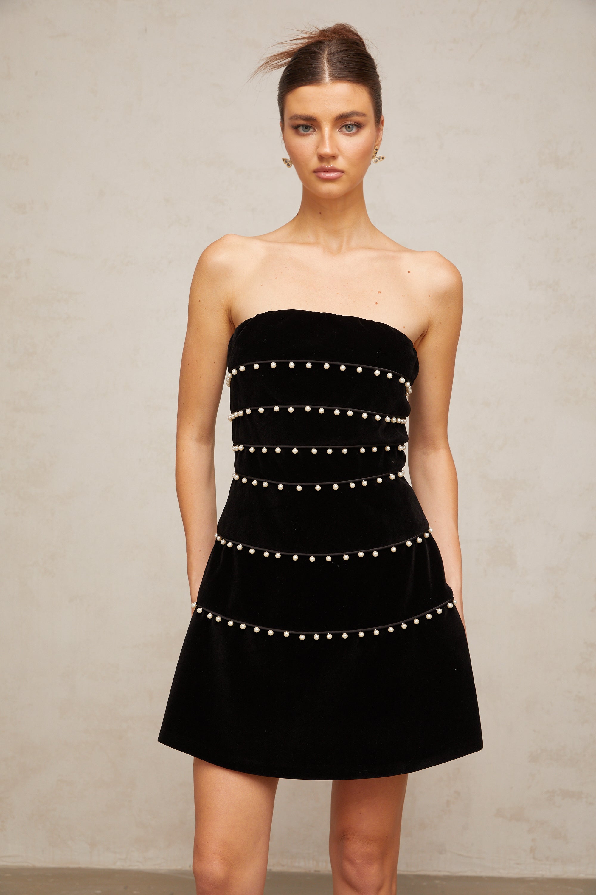 Camille black faux-pearl velvet mini dress (Final Sale)