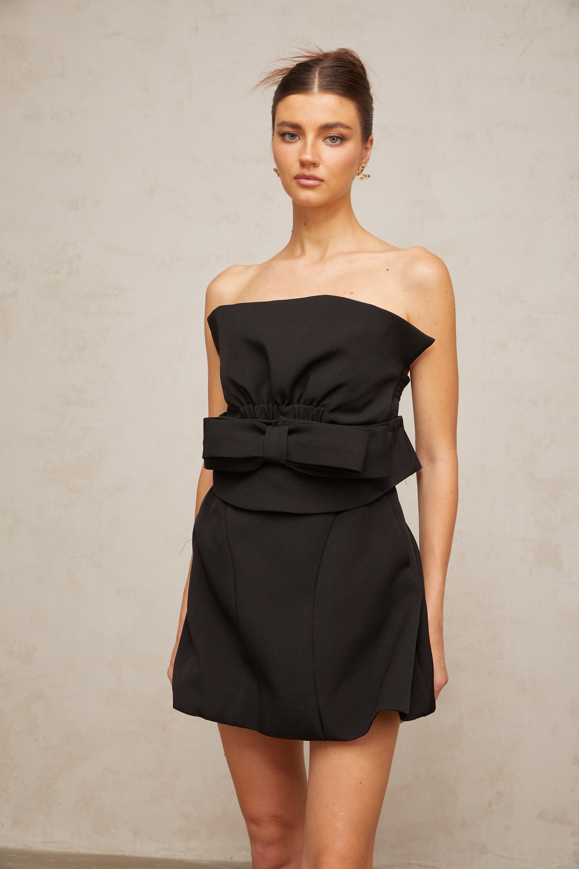 Caribe black bowknot off-shoulder mini dress