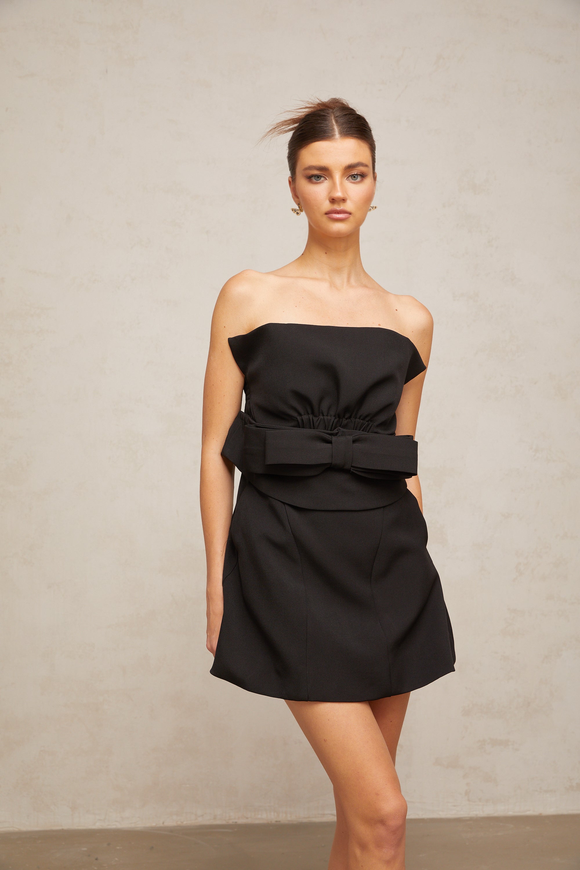 Caribe black bowknot off-shoulder mini dress