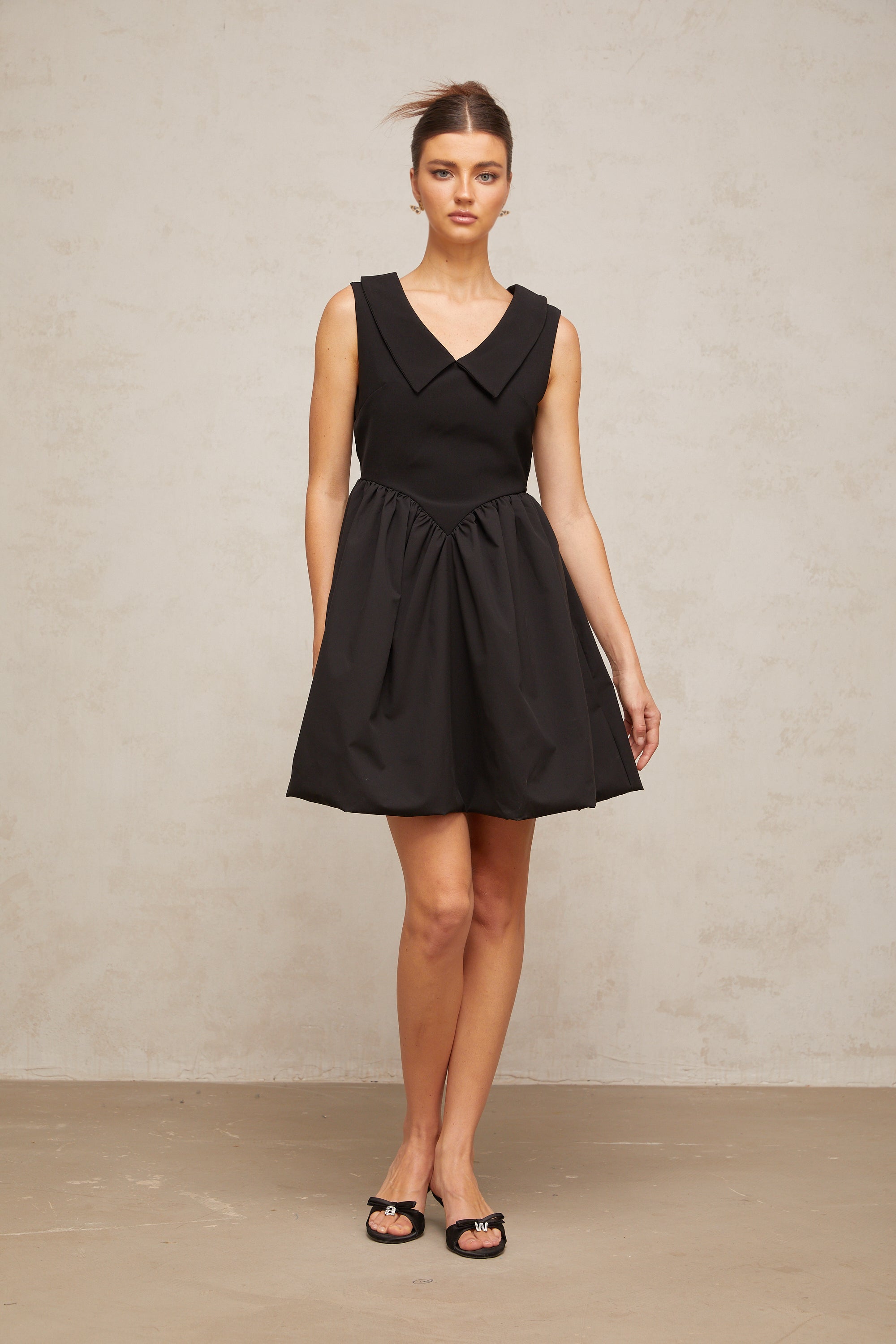 Sandrine black lapel puff mini dress