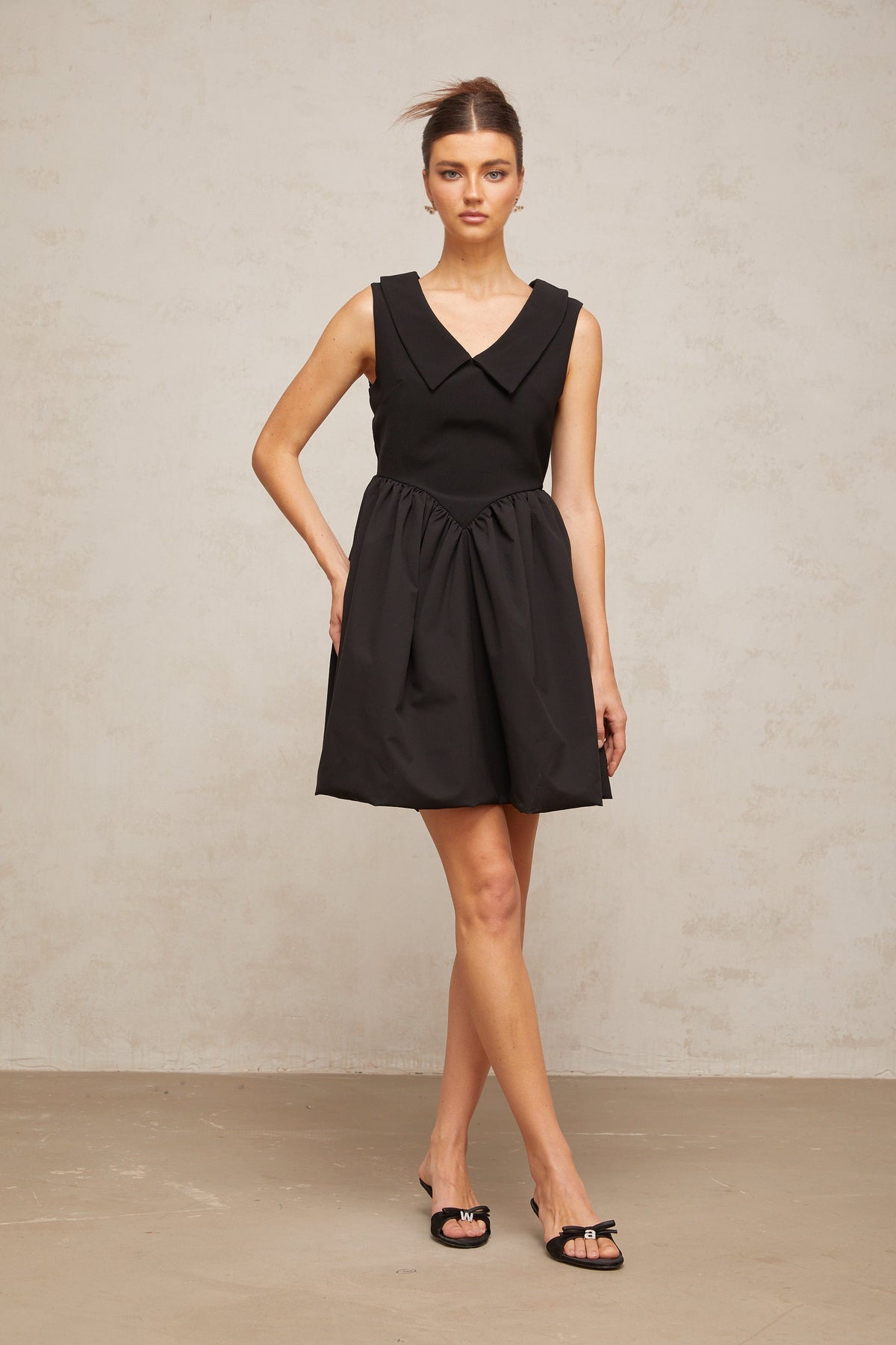 Sandrine black lapel puff mini dress