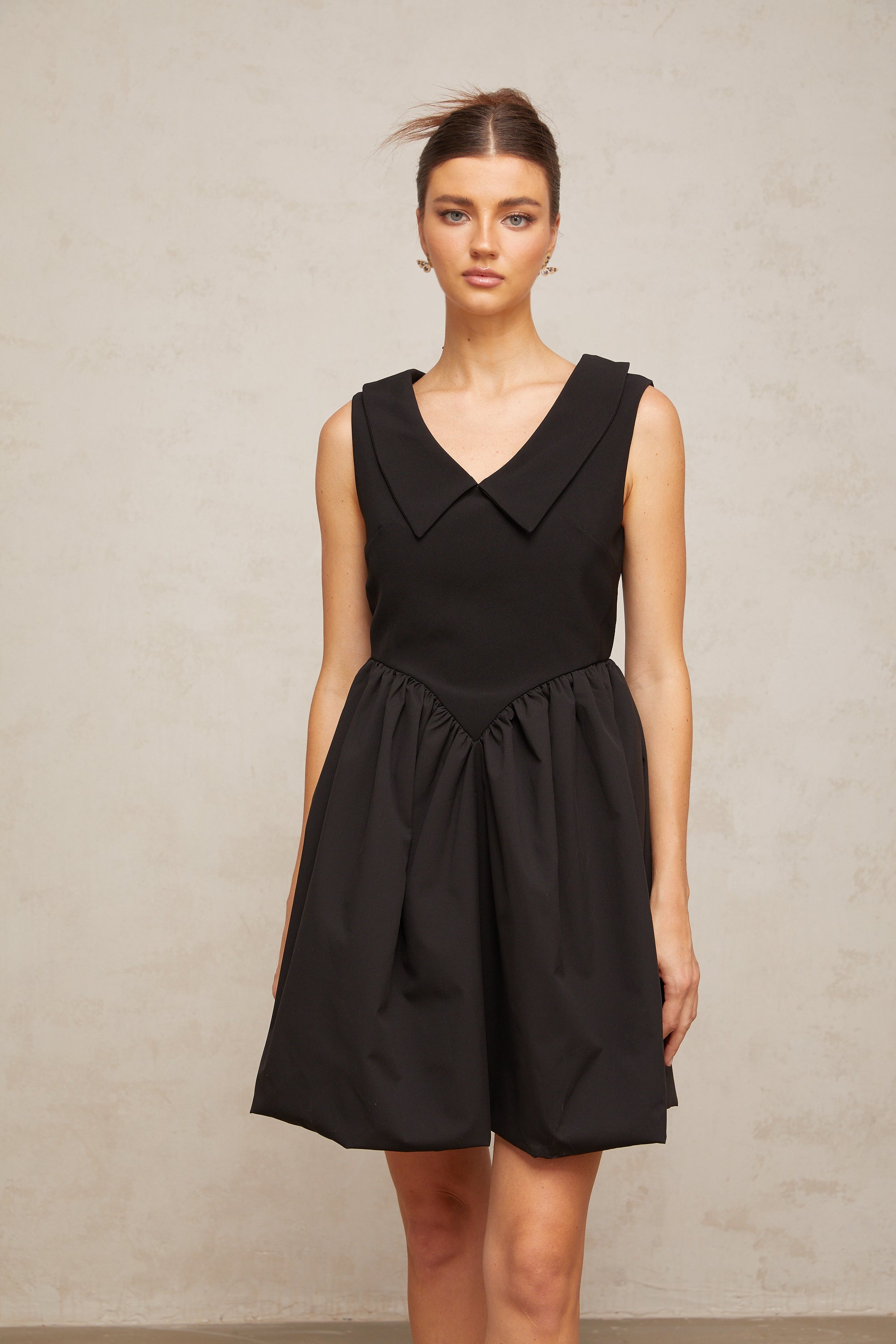 Sandrine black lapel puff mini dress