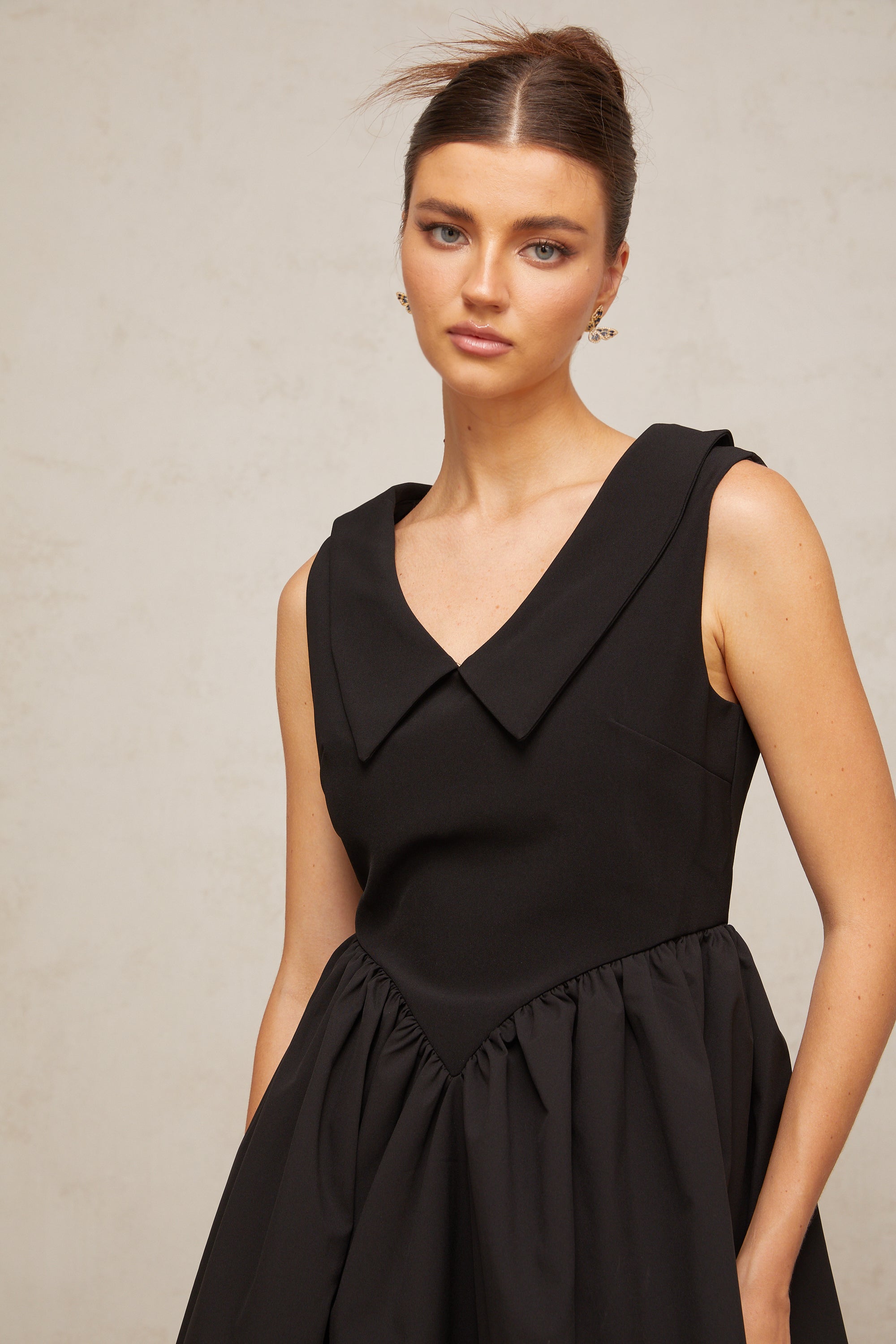Sandrine black lapel puff mini dress