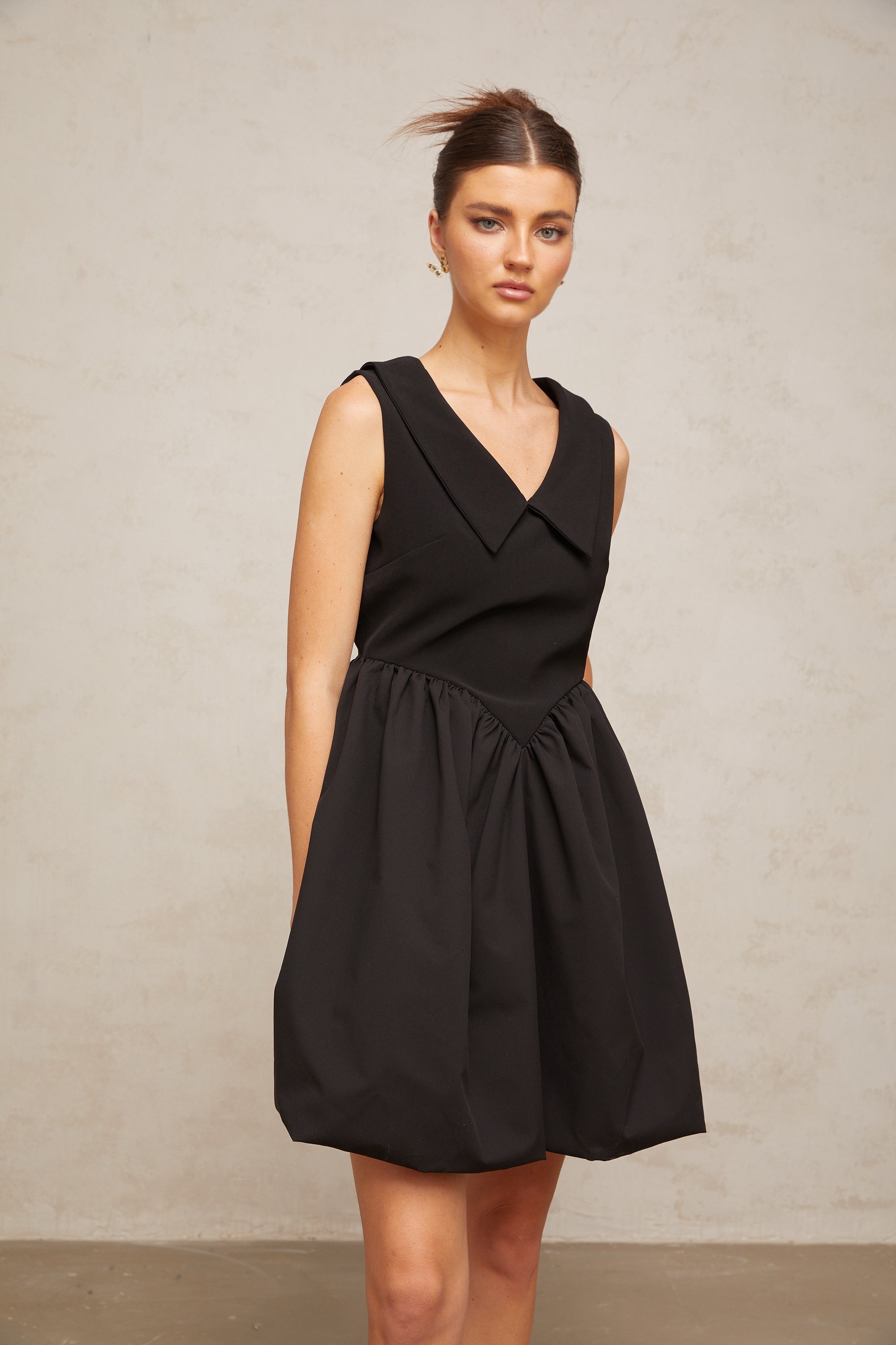 Sandrine black lapel puff mini dress