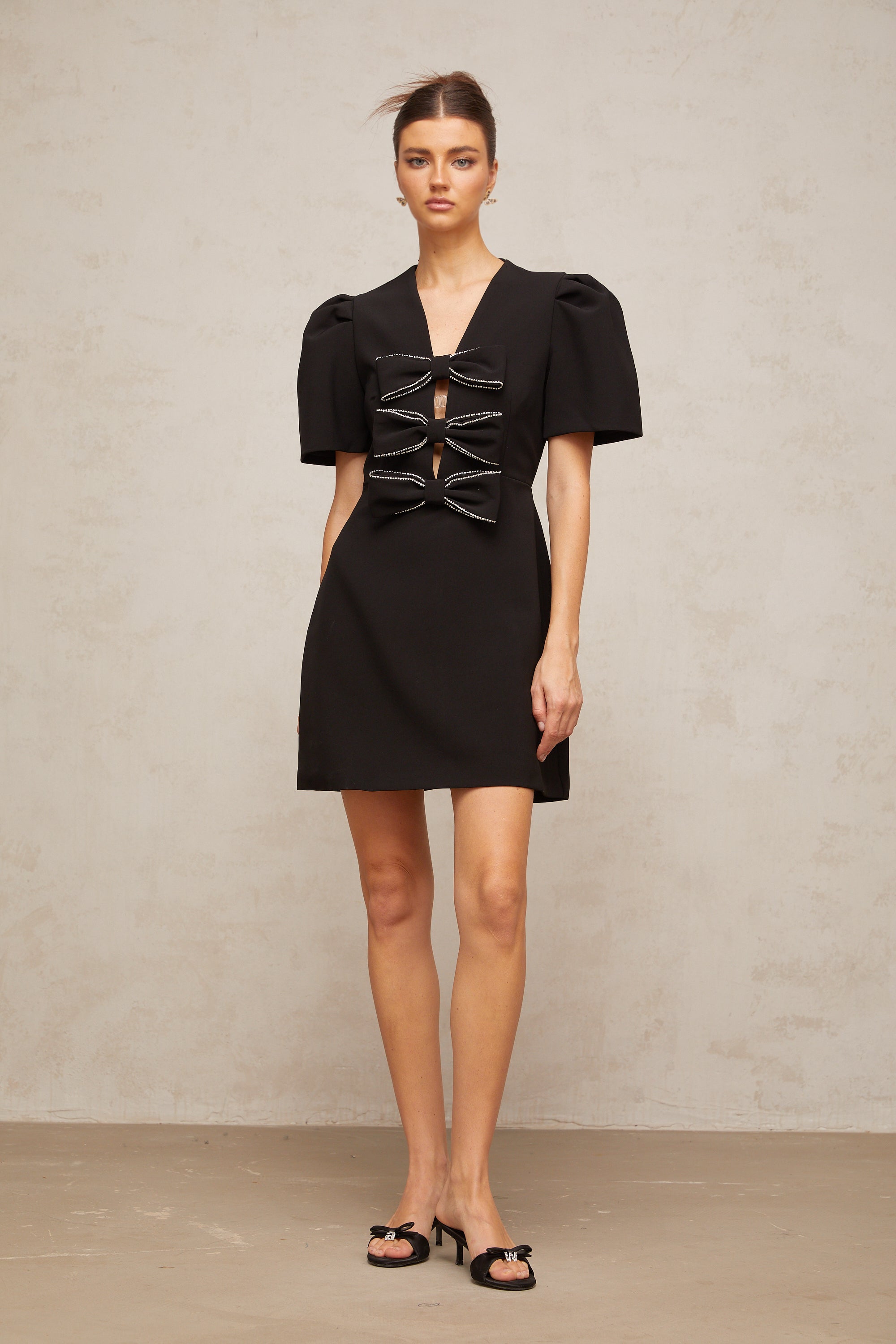Tania black bowknot embellished mini dress