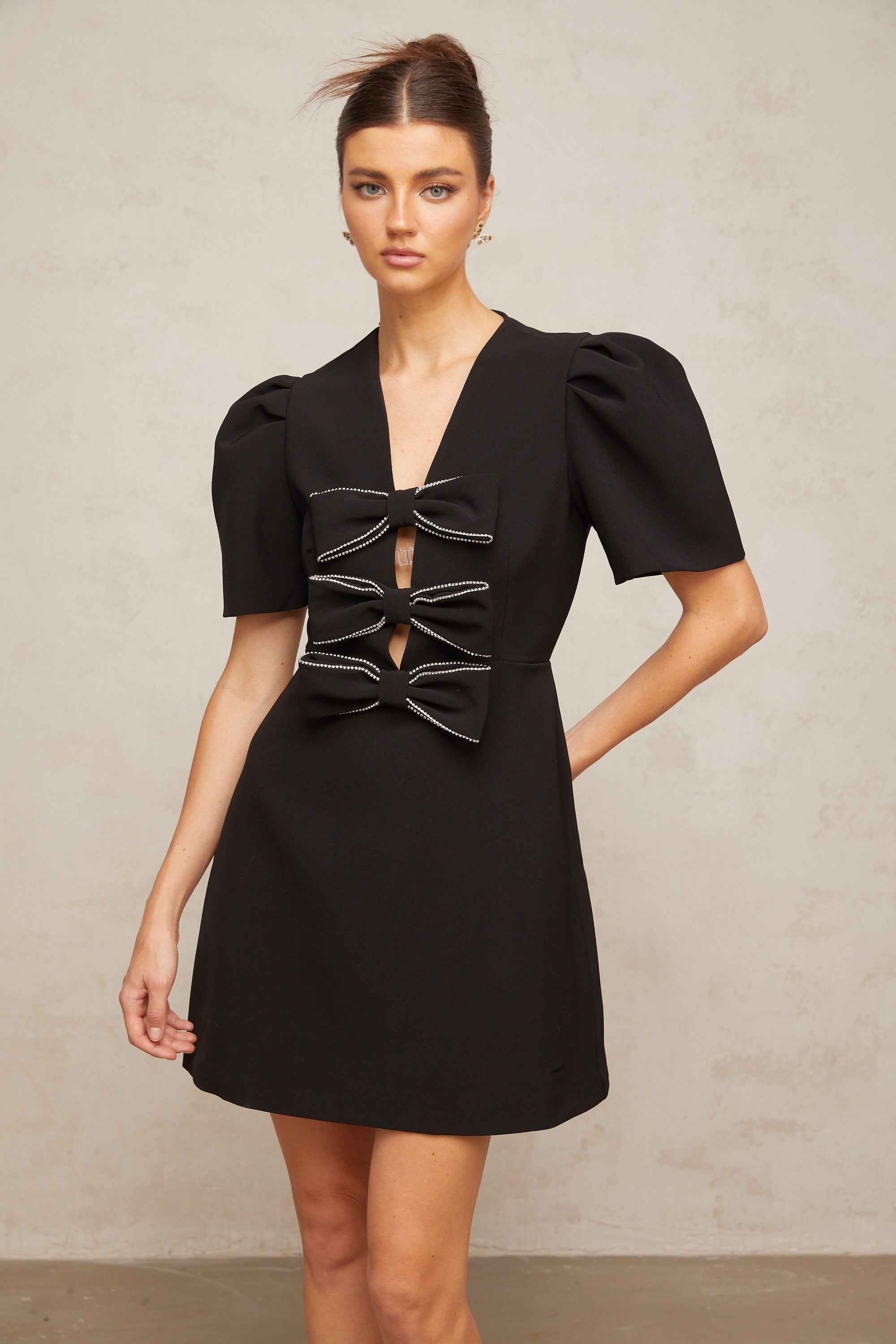Tania black bowknot embellished mini dress