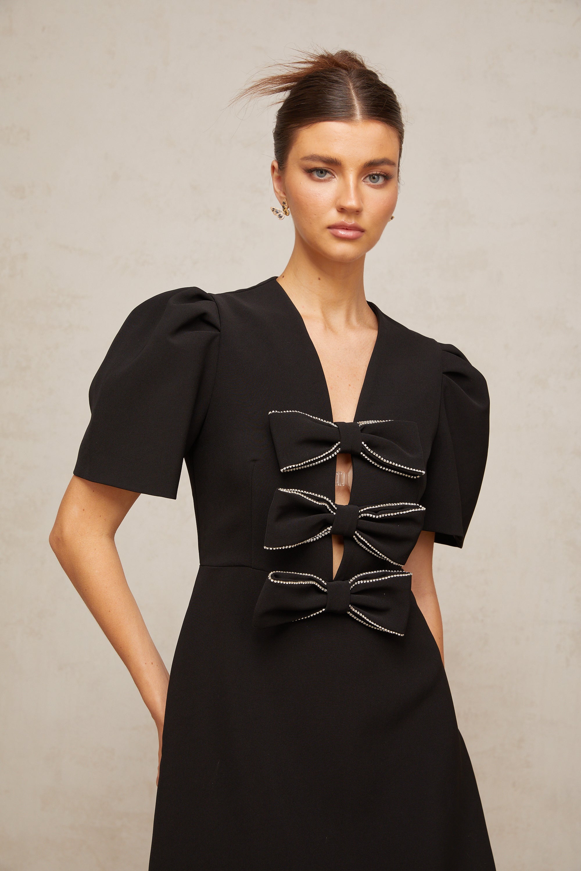 Tania black bowknot embellished mini dress
